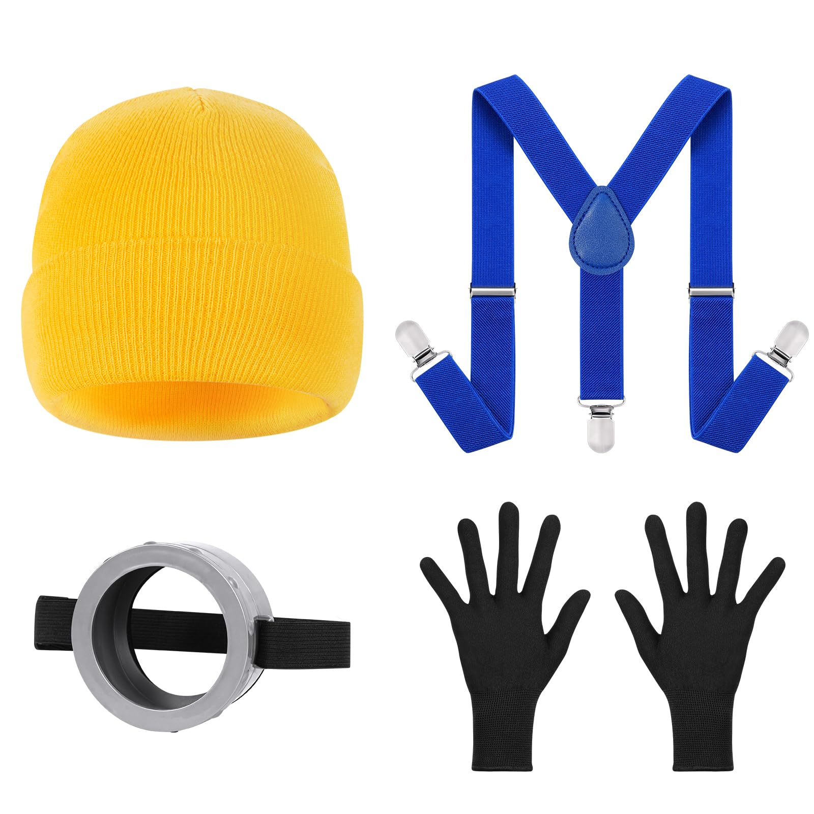 DiULi Accesorio de Disfraz, 4 Piezas Accesorios Amarillo de Cosplay para Niños, Kit de Decoración con Animados Gafas, Sombrero, Guantes y Tirantes Azules, para Fiestas, Halloween, Carnaval
