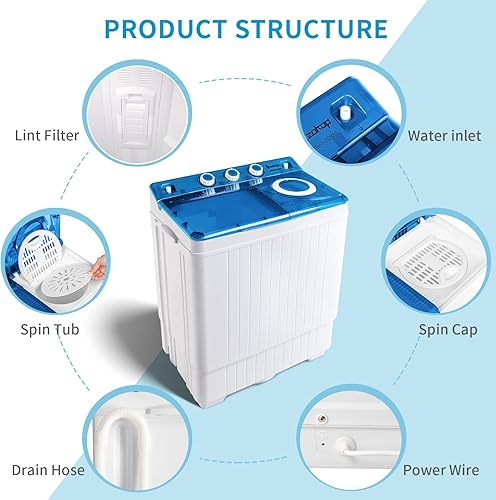 Miniatura 4 de Lavadora portátil de 26 libras, lavadora (18 libras) y giratoria (8 libras), mini lavadora y secadora compacta de doble tina con drenaje de bomba,