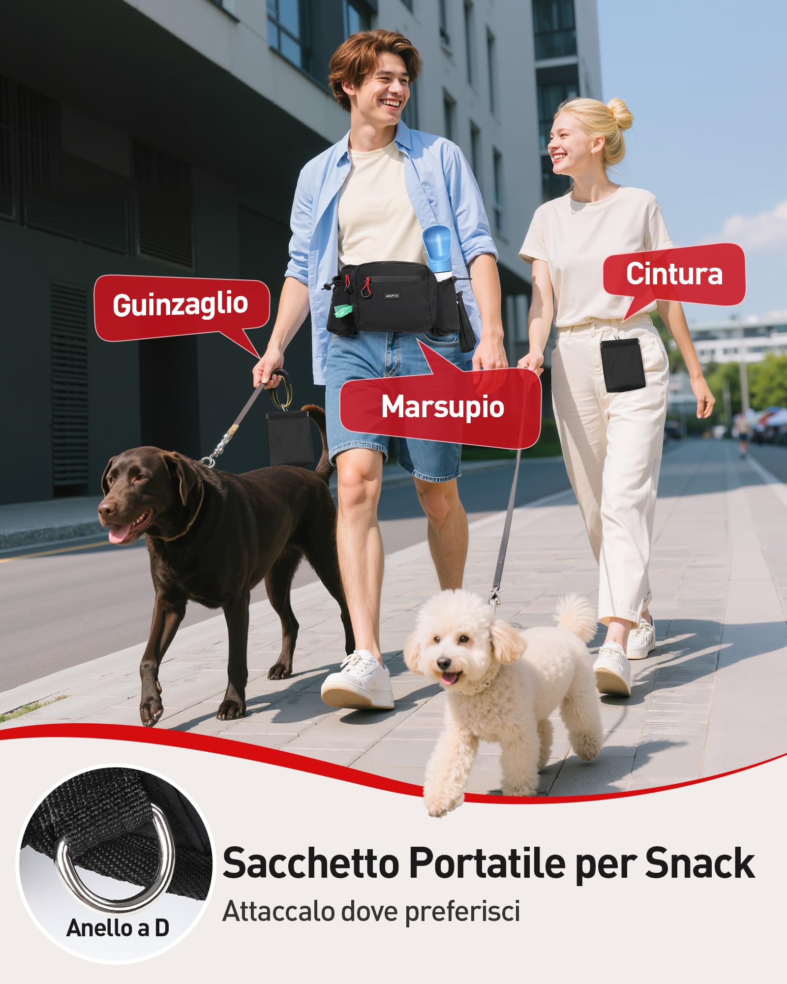 AGPTEK Marsupio per Cani con Borsa Snack Rimovibile, Impermeabile, Alta capacità, Portaborraccia, Dispenser Sacchetti Igienici, per Addestramento e Passeggiate, Nero