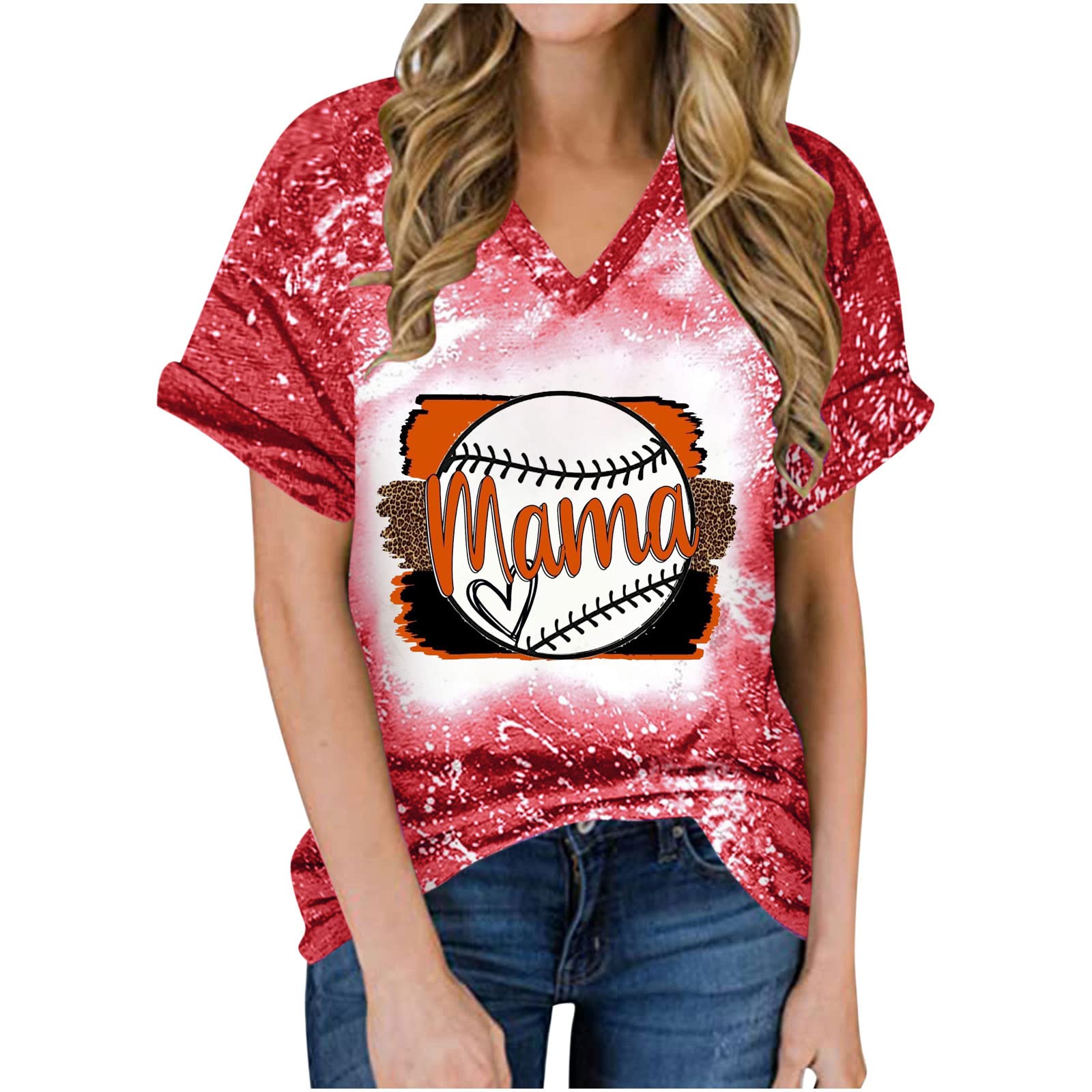 Women V-Neck Tops Rolled Short Sleeve Shirts Bleached Black Tee Mother's Day T-Shirt Baseball Graphic Casual Summer