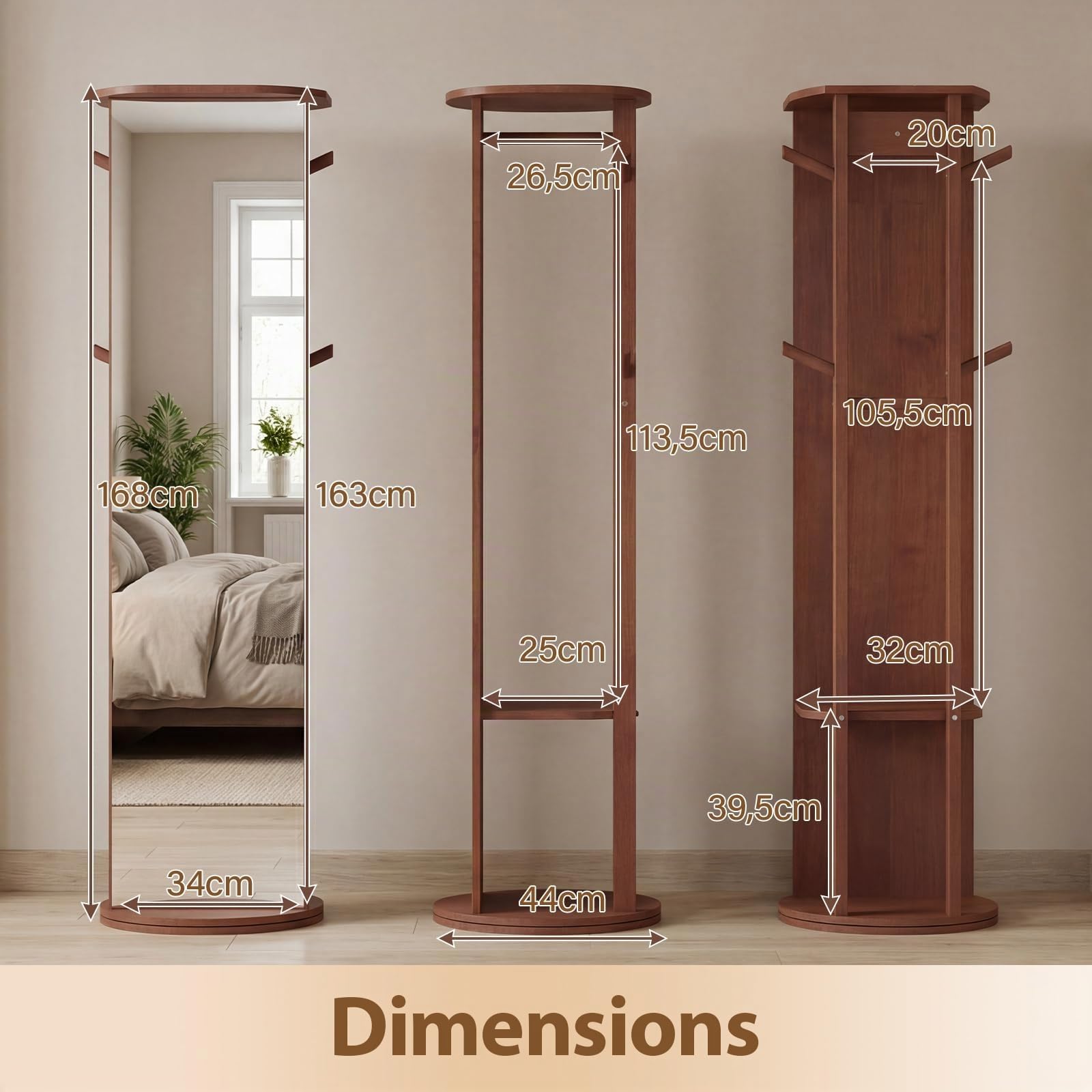 COSTWAY Miroir sur Pied, Grand Miroir avec Porte-Manteau, Base Pivotante à 360°, Cadre en Bois Massif, 2 Étagères de Rangement, 4 Crochets, Barre, pour Chambre Salon (48 x 48 x 168 cm,Noyer)