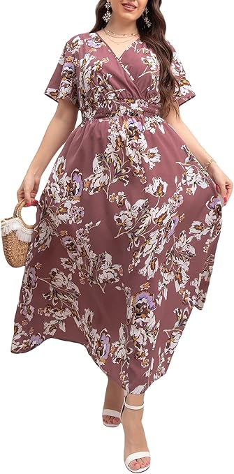 MakeMeChic Women's Plus Size Boho Floral Maxi Dress Curvy Short Sleeve Shirred Squared Neck Flomal Long Dress