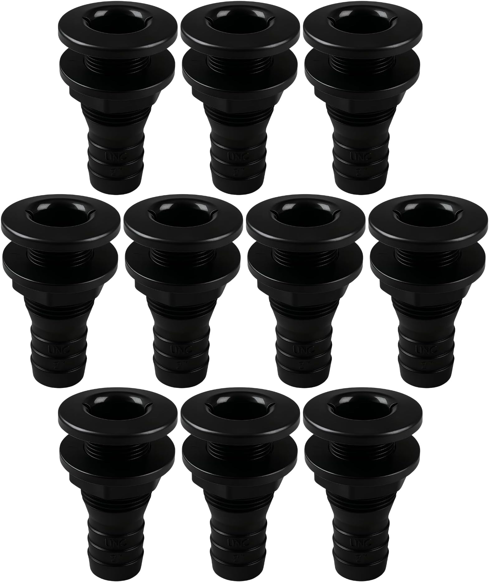 SEAFLO 2” Thru Hull Fitting Marine Boat, Polypropylene, Plastic Drain Overflow Connector, Corrosion Resistant Saltwater Safe, Transom Mount, Bilge Port Deck Outlet, 4-Year Warranty (Black, 10-Pack)