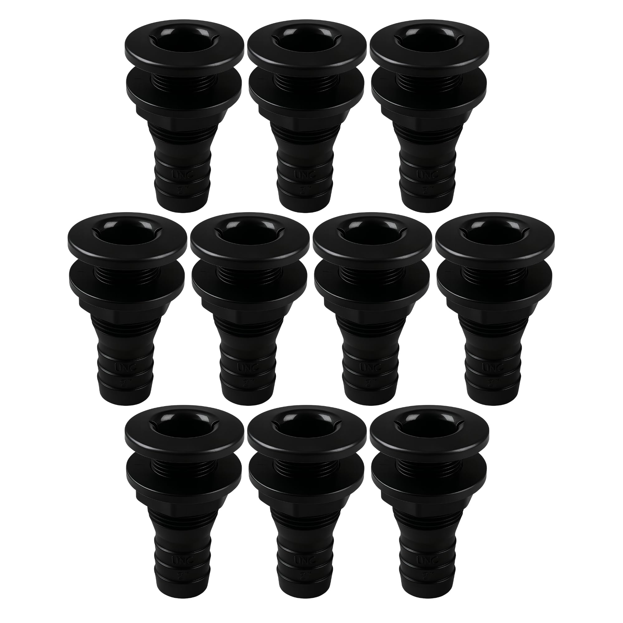 SEAFLO 2” Thru Hull Fitting Marine Boat, Polypropylene, Plastic Drain Overflow Connector, Corrosion Resistant Saltwater Safe, Transom Mount, Bilge Port Deck Outlet, 4-Year Warranty (Black, 10-Pack)