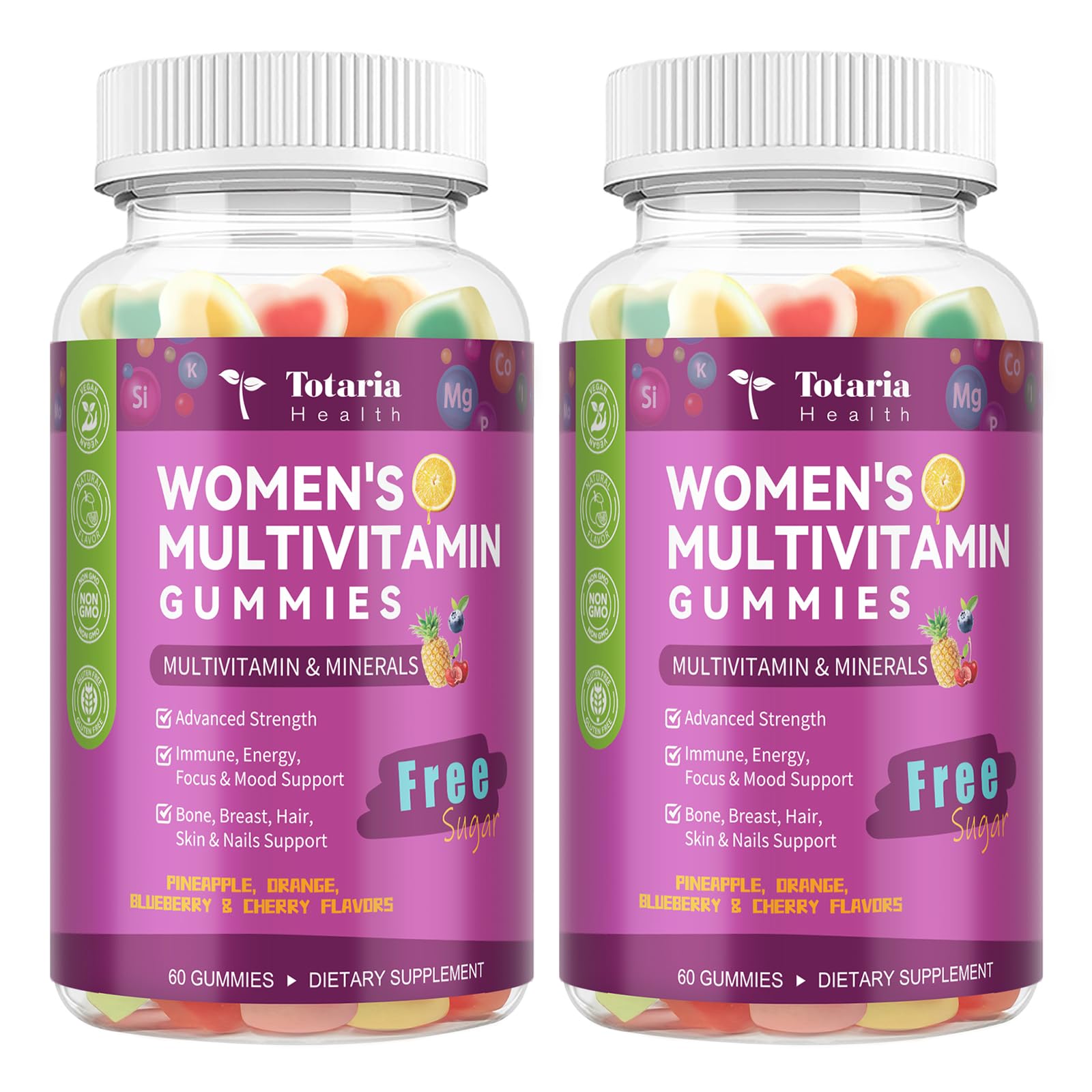 (2 Pcs) Totaria Sugar Free Multivitamin Gummies for Women 14+ w/Iron, Inositol, Folate, Biotin, Womens Daily Multivitamin Gummy w/Vitamin A, C, B, D3, K2, for Hair, Skin, Energy, Immune, Mixed Flavors