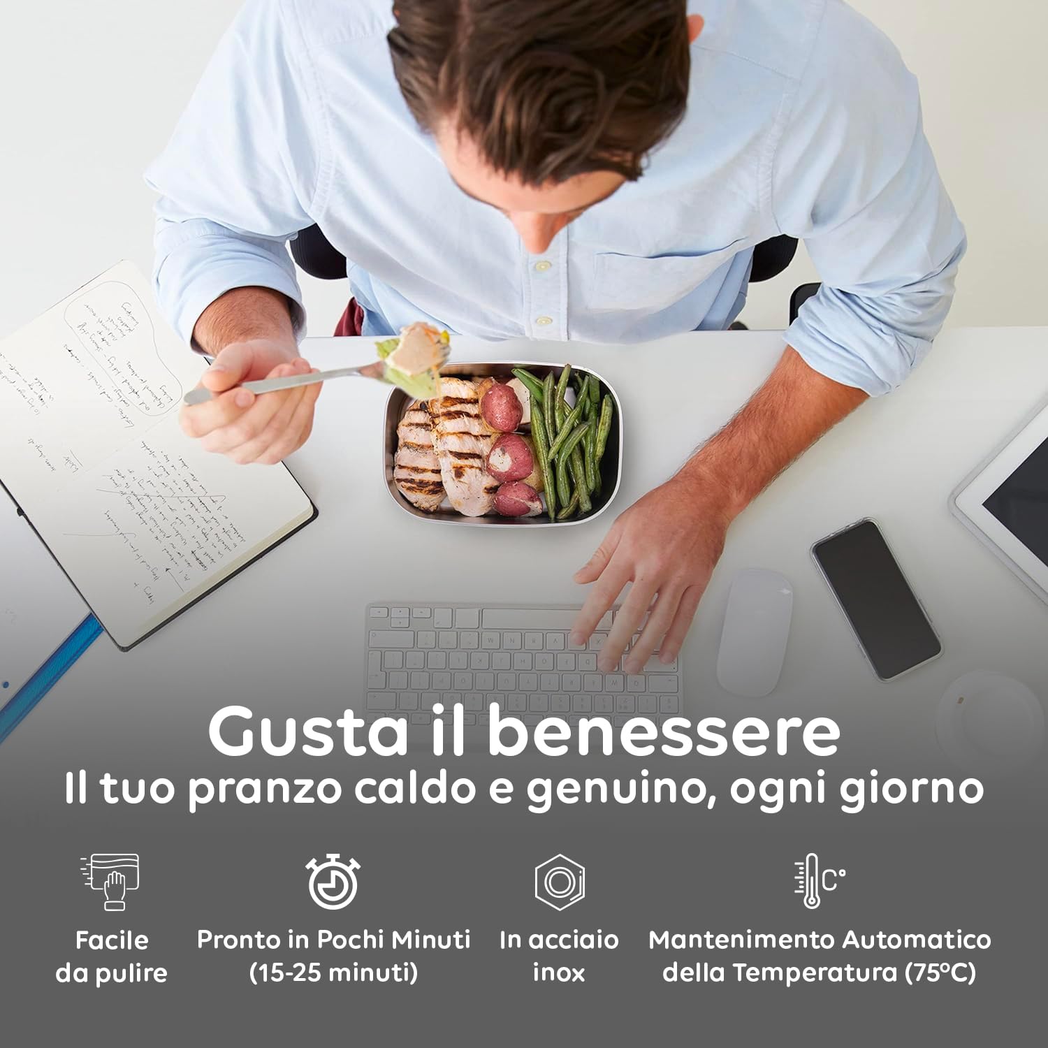Wintem - Porta Pranzo Lunchy+ 3 in 1 Elettrico in Acciaio Inox con Posate, Scaldavivande da 80W Termico per Casa, Ufficio e Auto, Contenitori Ermetici e Doppia Presa 220V/12V