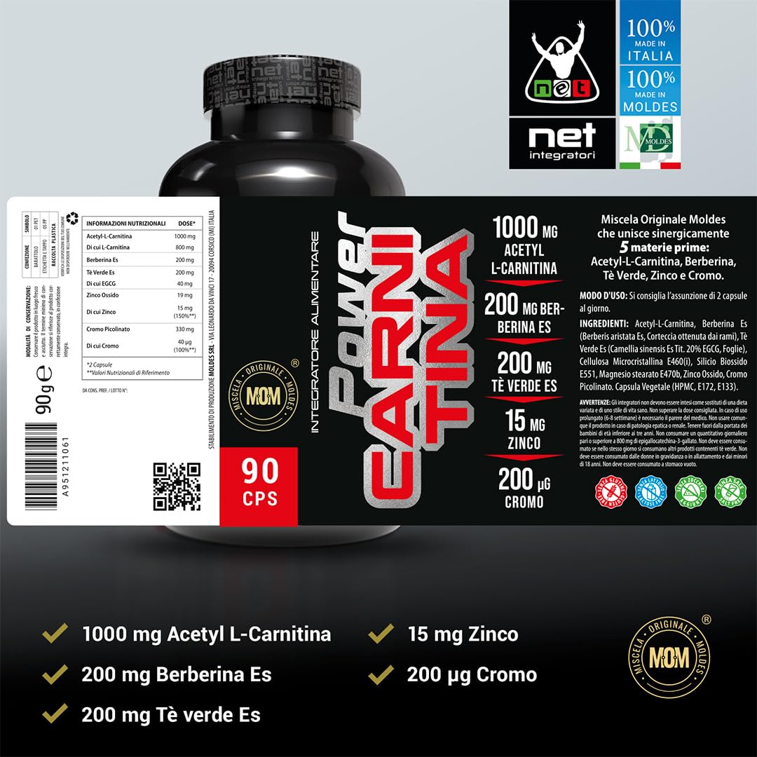 Net Integratori Power Carnitina 90 cps - Integratore di Acetyl-L-Carnitina, Berberina, Tè Verde, Zinco e Cromo