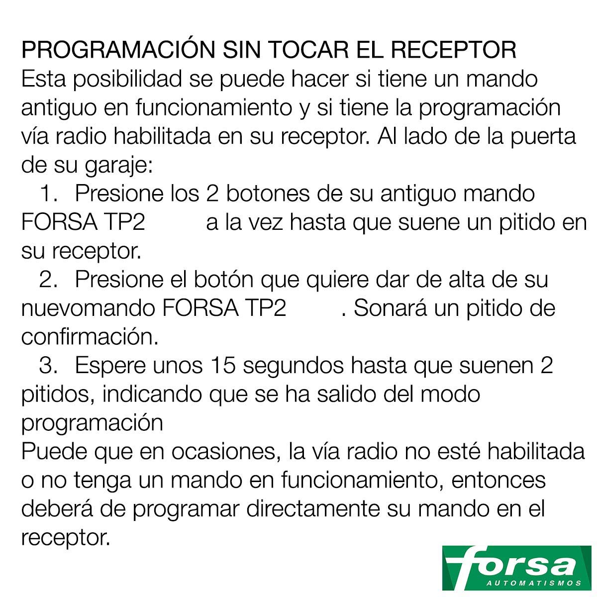 FORSA TP2 Mando Garaje Frecuencia 868 MHz Válido Puertas de Garaje Forsa