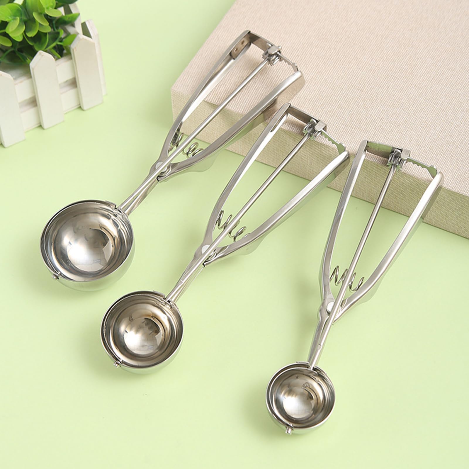 Cucchiaio per Gelato in Acciaio Inox 3 Pezzi, Dosatore Gelato 4-6 cm, Paletta con Grilletto