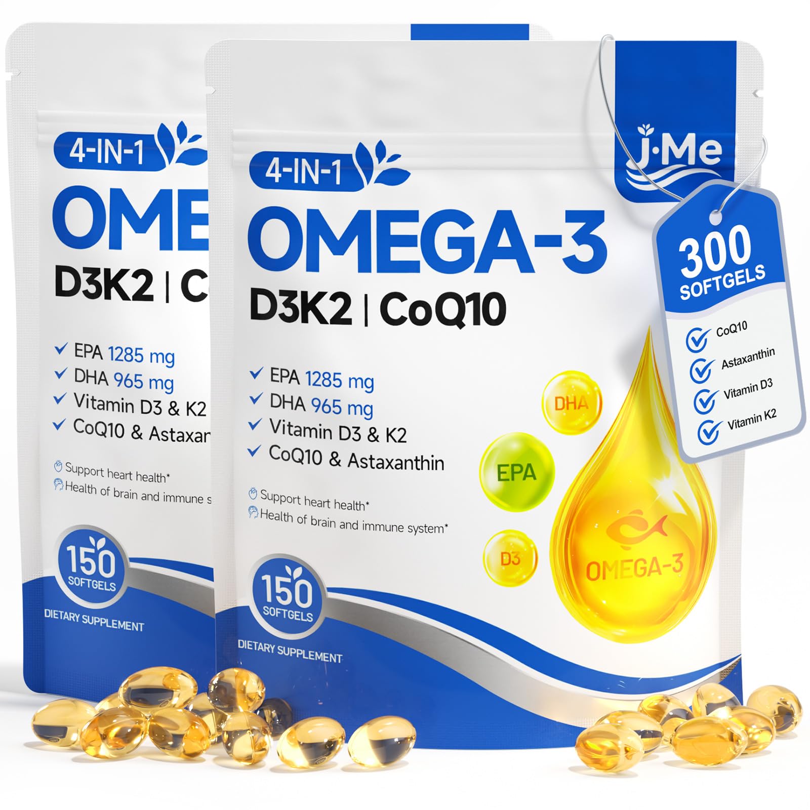 JME Omega 3 Fish Oil Supplement 2500mg - rTG EPA DHA + Vitamin D3 K2, CoQ10 & Astaxanthin - Lemon Flavored Burpless Softgels - Supports Heart, Brain & Joint Health - Total 300 Count 150 Count (Pack of 2)
