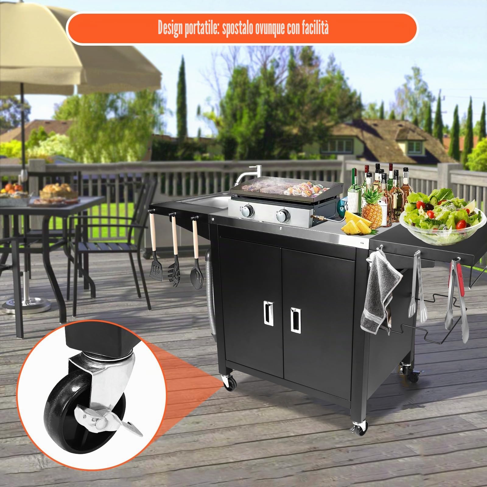 GFTIME Carrello per barbecue, cucina all'aperto, tavolo per pizza mobile, in acciaio inox, con ruote, 154 x 63 x 89 cm