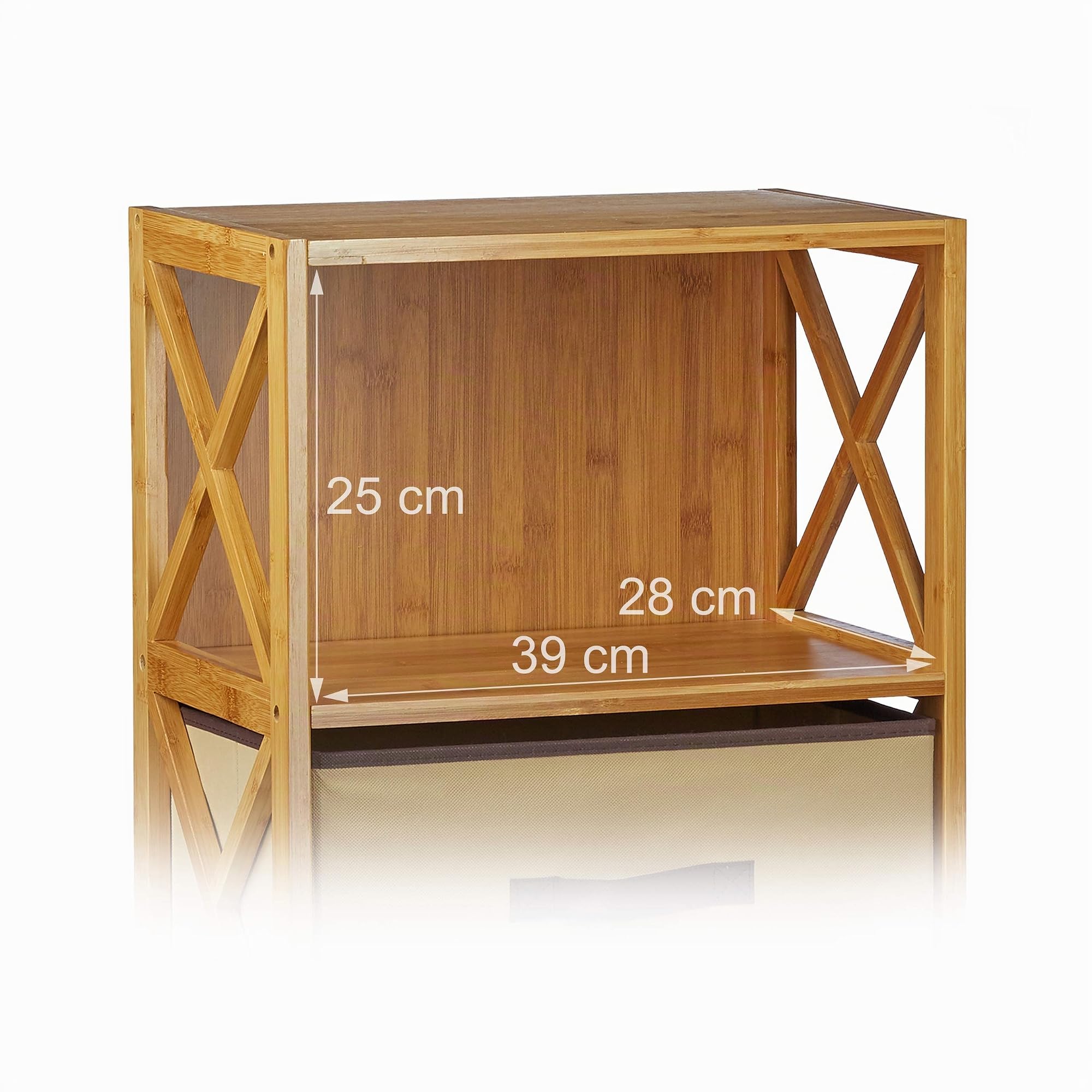 Relaxdays Etagère en bambou 2 niveaux avec panier de rangement bois nature HxlxP: 54 x 42 x 29 cm, nature