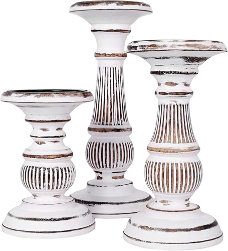 Miniatura 6 de DEVLA Portavelas para velas de pilar, juego de 3, portavelas de madera rústica, candelabros de madera vintage, pequeños, medianos y grandes.