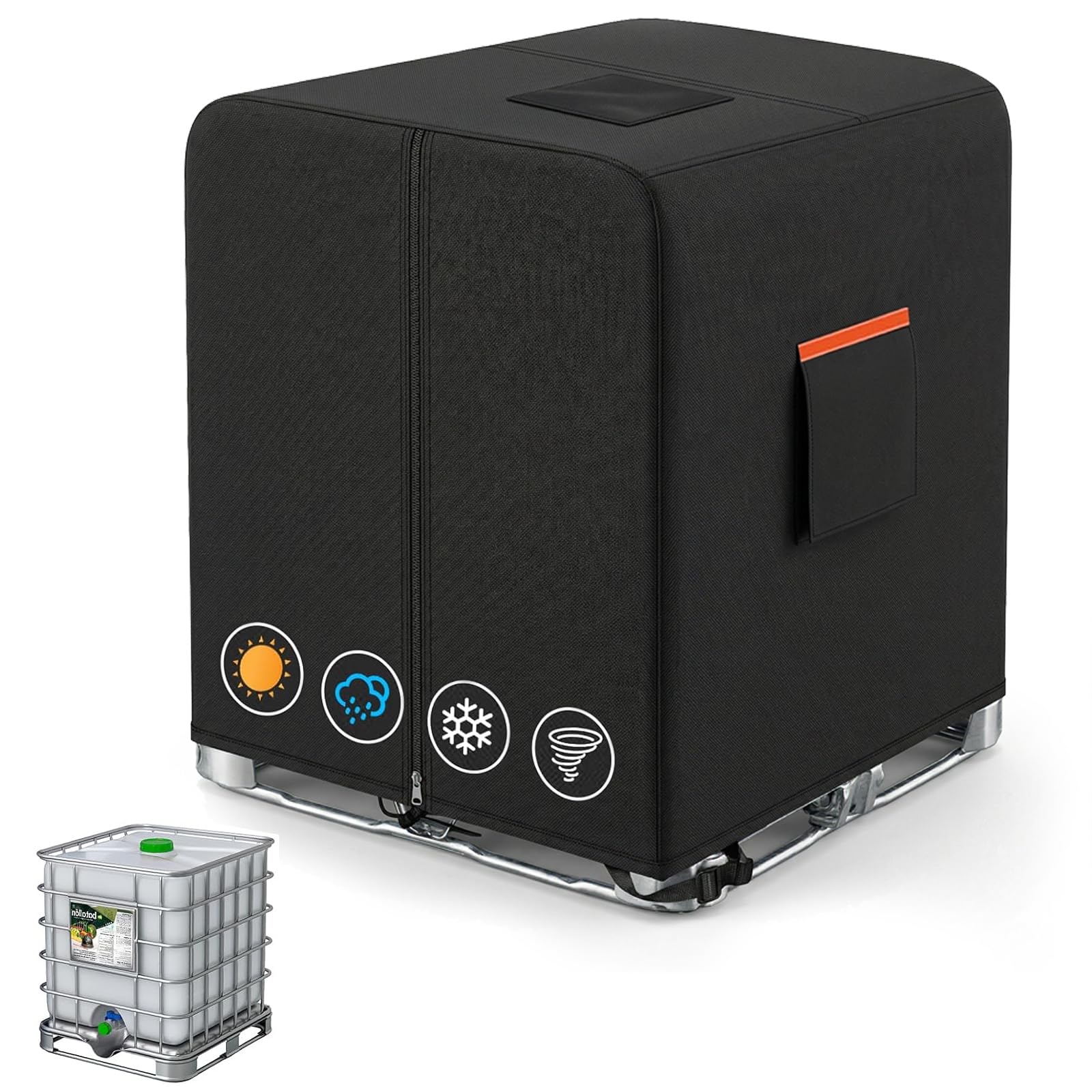 IBC - Funda para bolsa IBC con cremallera, se adapta a tanques de agua de 275 galones, 600D resistente al agua y material de protección solar, color negro