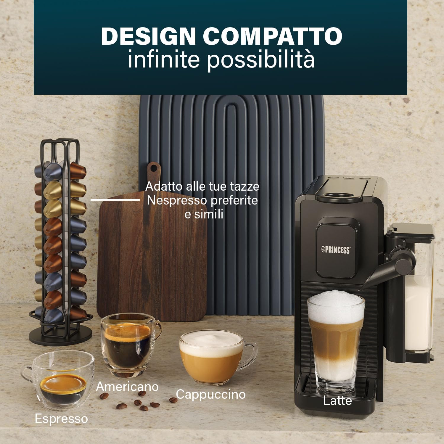 Princess Capsule and Latte Pro Macchina da Caffè a Capsule, Compatibile Nespresso, Latte Automatico, 20 Bar, 1400W, BPA Free, Parti Lavabili, Spegnimento Automatico, 01.249455.01.001