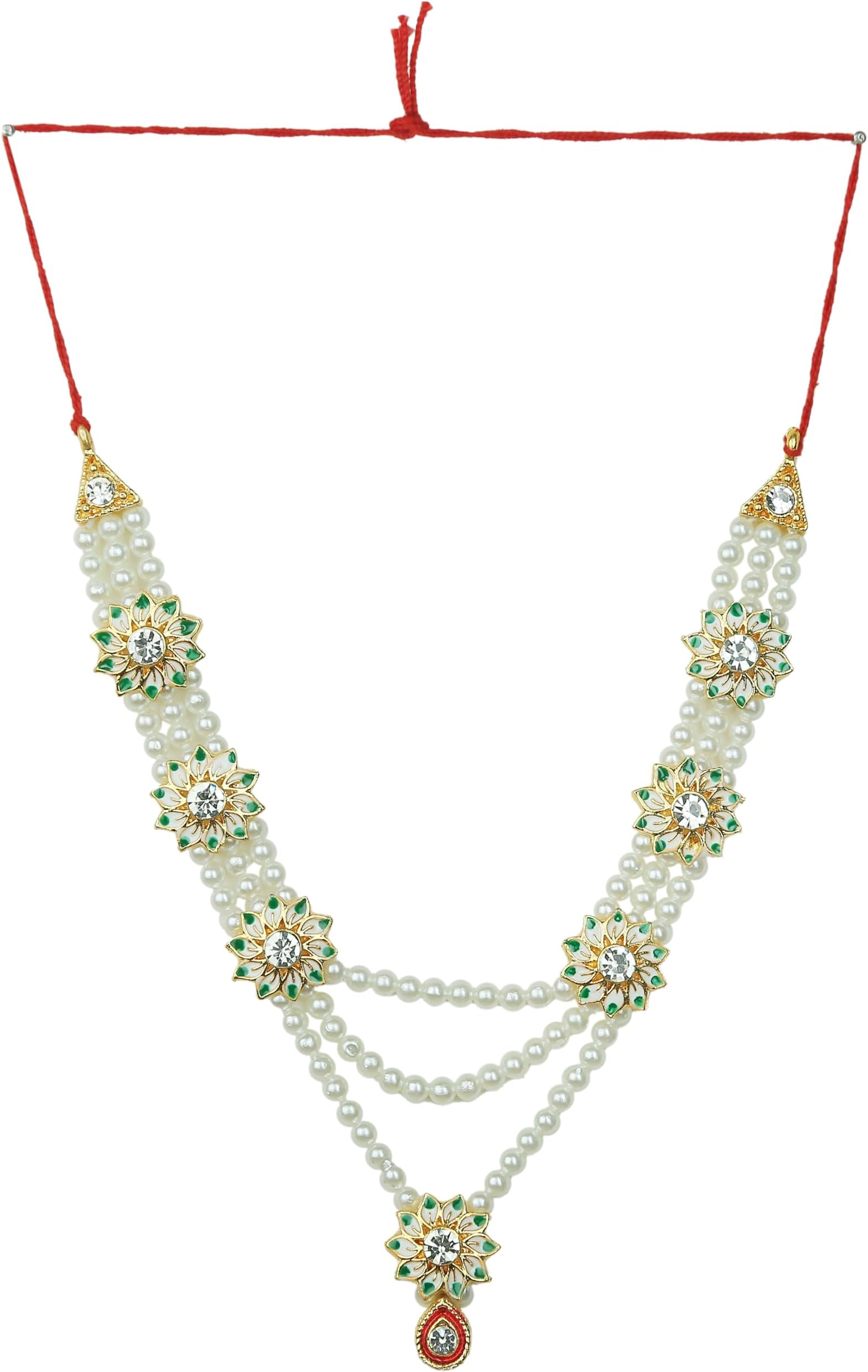 Decorative Mala Moti Beads Mala Set for Laxmi Ganesh Devi Maa Radha Krishna Puja Goddess Haar Sringar Set Deities Jewellery for Indian Traditional Festival God Idol Statue(Size:-3.5")(White)