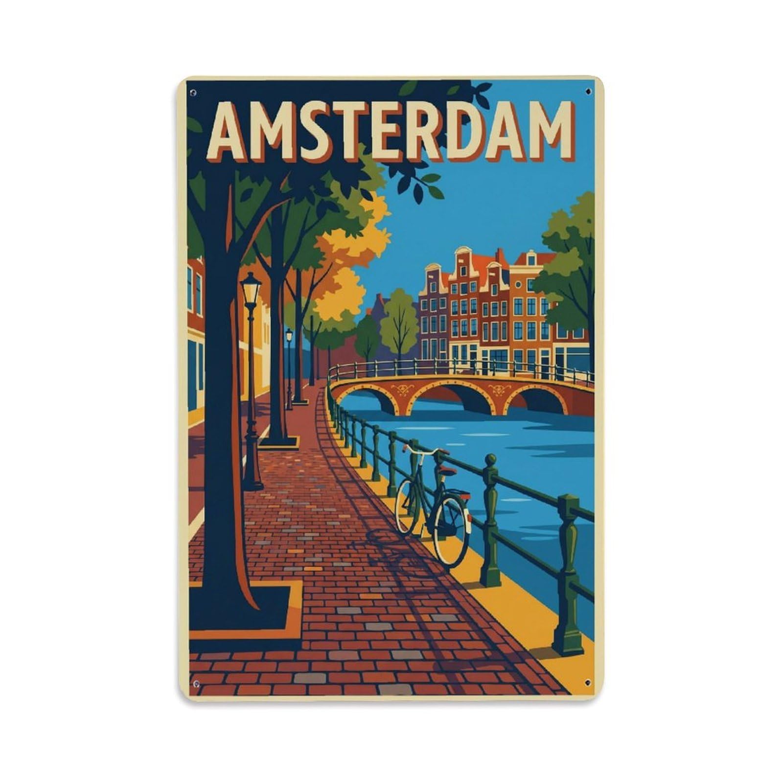 Okngb Style Canal Pathway Vintage Amsterdam Waterfront Tourism Metal Tin Sign Plaque Wall Decor For Cafe, Man Cave, Club Bar, Office, Home Garden Round Metal Poster 8X12inch