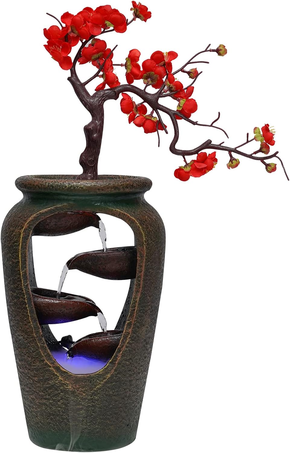 Indoor 20” H Desktop Fountain,Relaxation Tabletop Resin Fountain Waterfall Feature, Vase Shape Illuminated Waterfall with Automatic Pump and Color Changing LED Lights for Home, Office, Coffee Shop