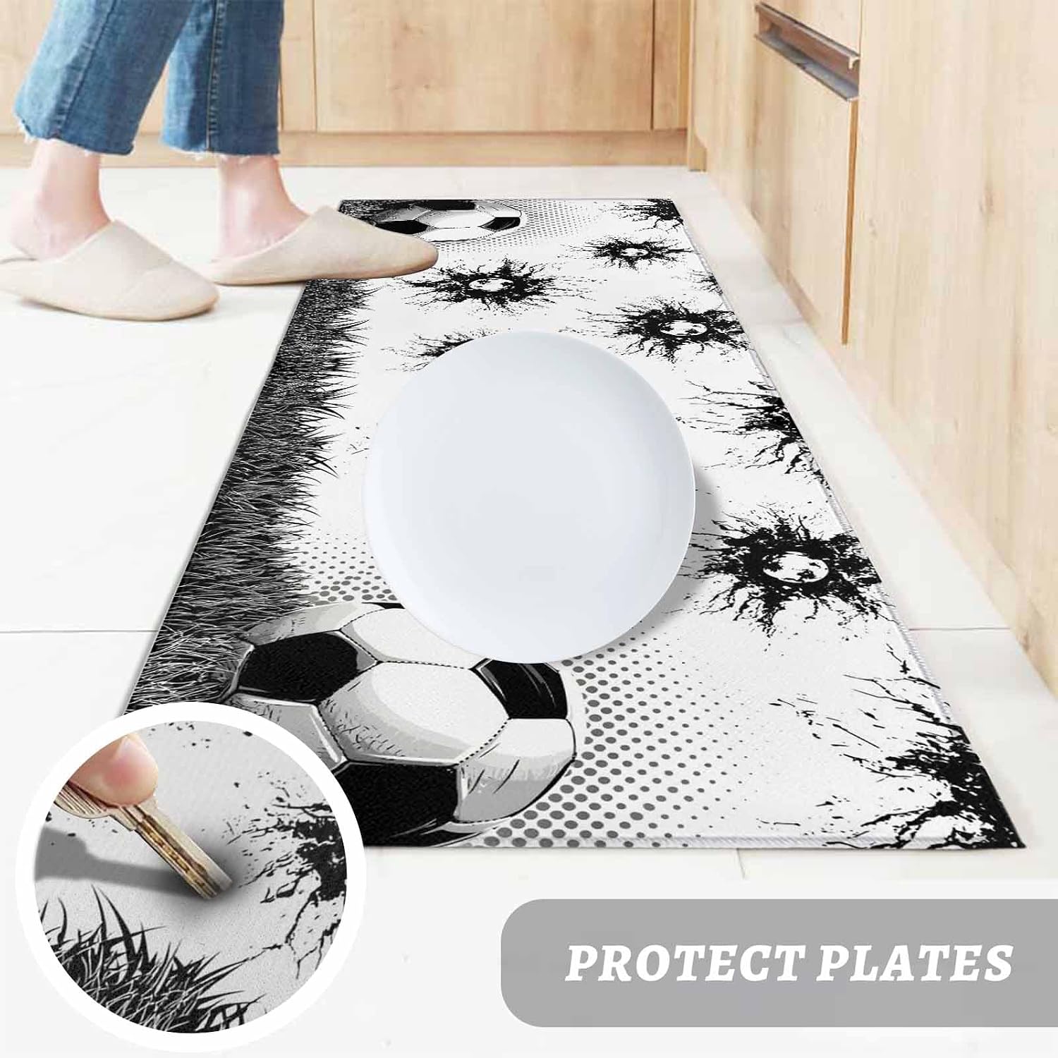 Kitchen Mats for Floor Black White Football Grassland Washable Non Slip Kitchen Rugs 2PCS, Monochrome Abstract Art Absorbent Standing Mats for Sink Bathroom Office Living Room 15.7x23.6in+15.7x47.2in