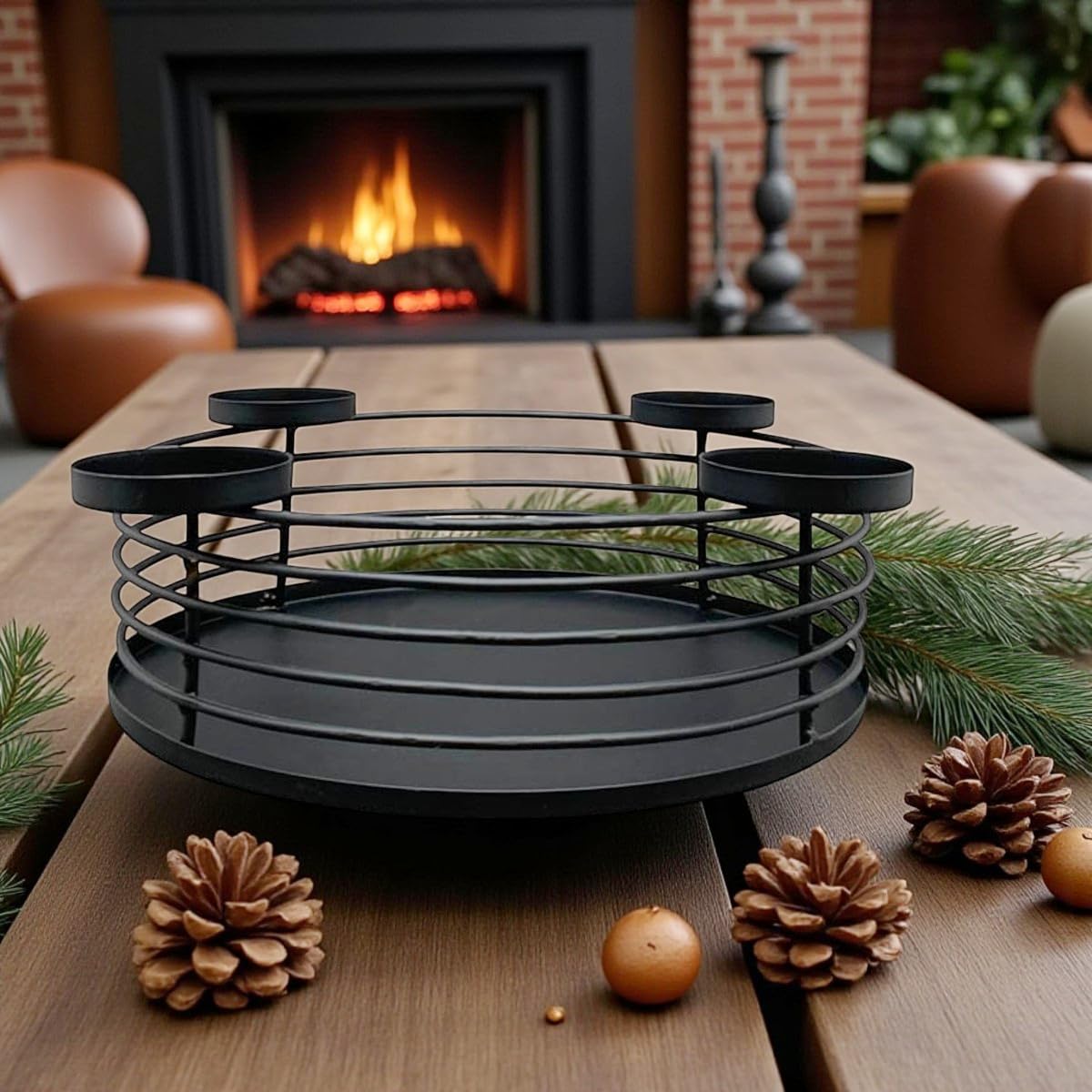 MACOSA EX259170 Adventskranz Schwarz Metall 30 cm modern Elegantes Adventsgesteck 4 Kerzenhalter Tisch-Dekoration Advent Weihnachtsdeko Metallkranz Drahtkranz