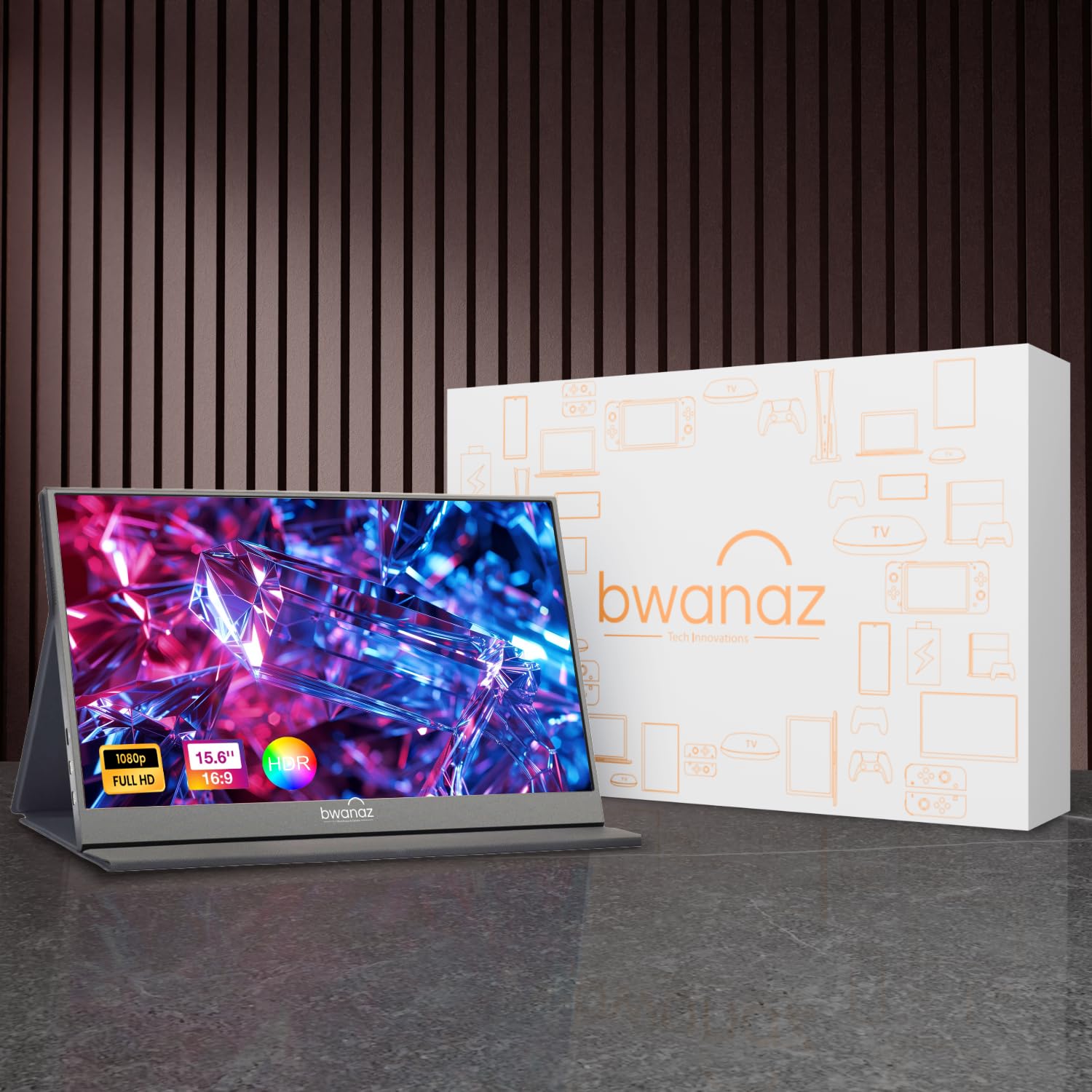 Bwanaz Portable Monitor 15.6'' FHD 1080P, USB-C HDMI IPS Display w/Smart Cover/Stand, Speaker, Plug & Play, Ultra-Slim External Monitor for PC, MAC, Phone, Xbox, PS5