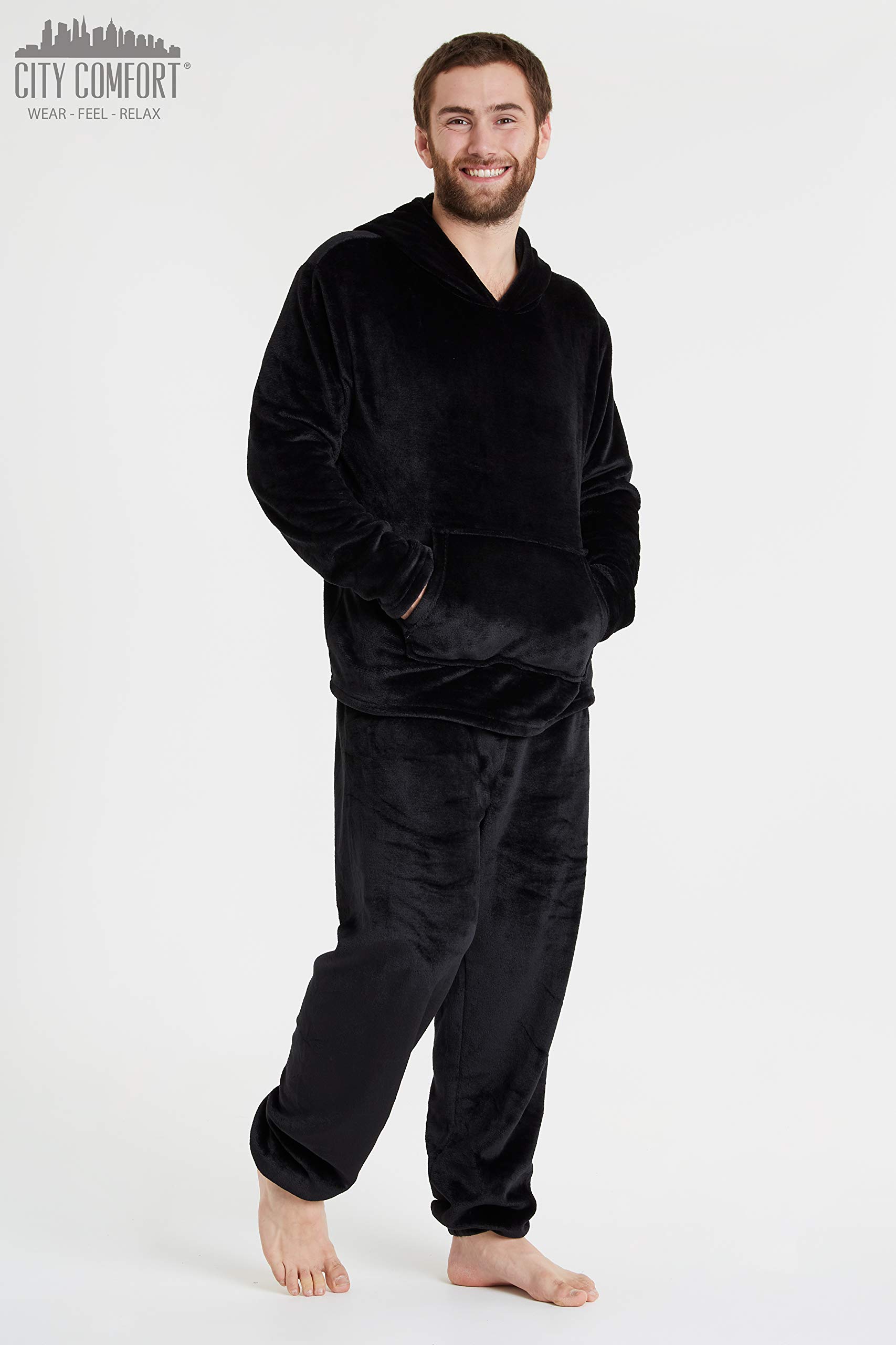 CityComfort Pigiama Uomo Invernale Pile Caldo con Cappuccio, Pigiami Due Pezzi Lunghi M - 2XL, Idee Regalo di Natale