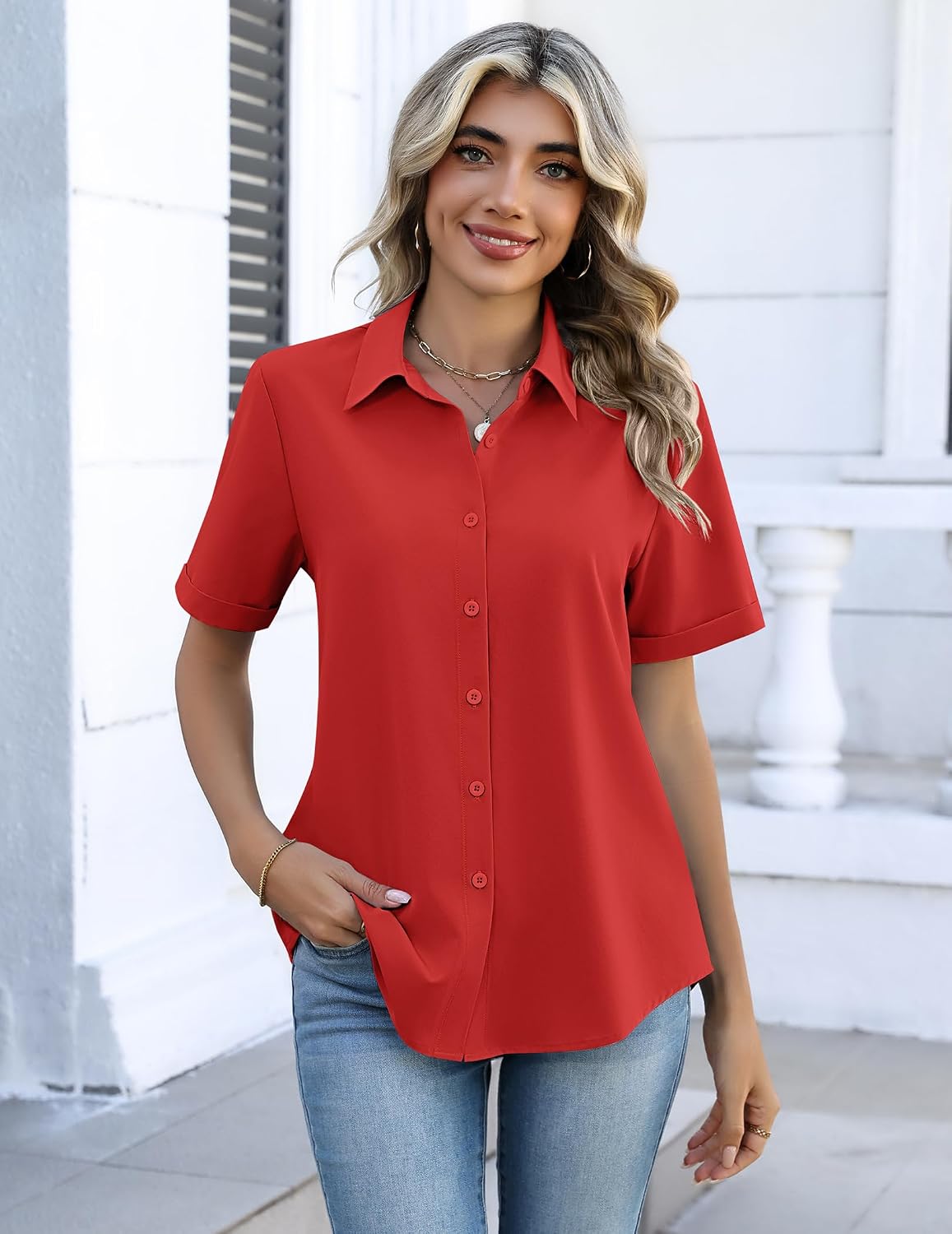 Zeagoo Button Down Shirts for Women Short Sleeve Tops Dressy Casual Blouses