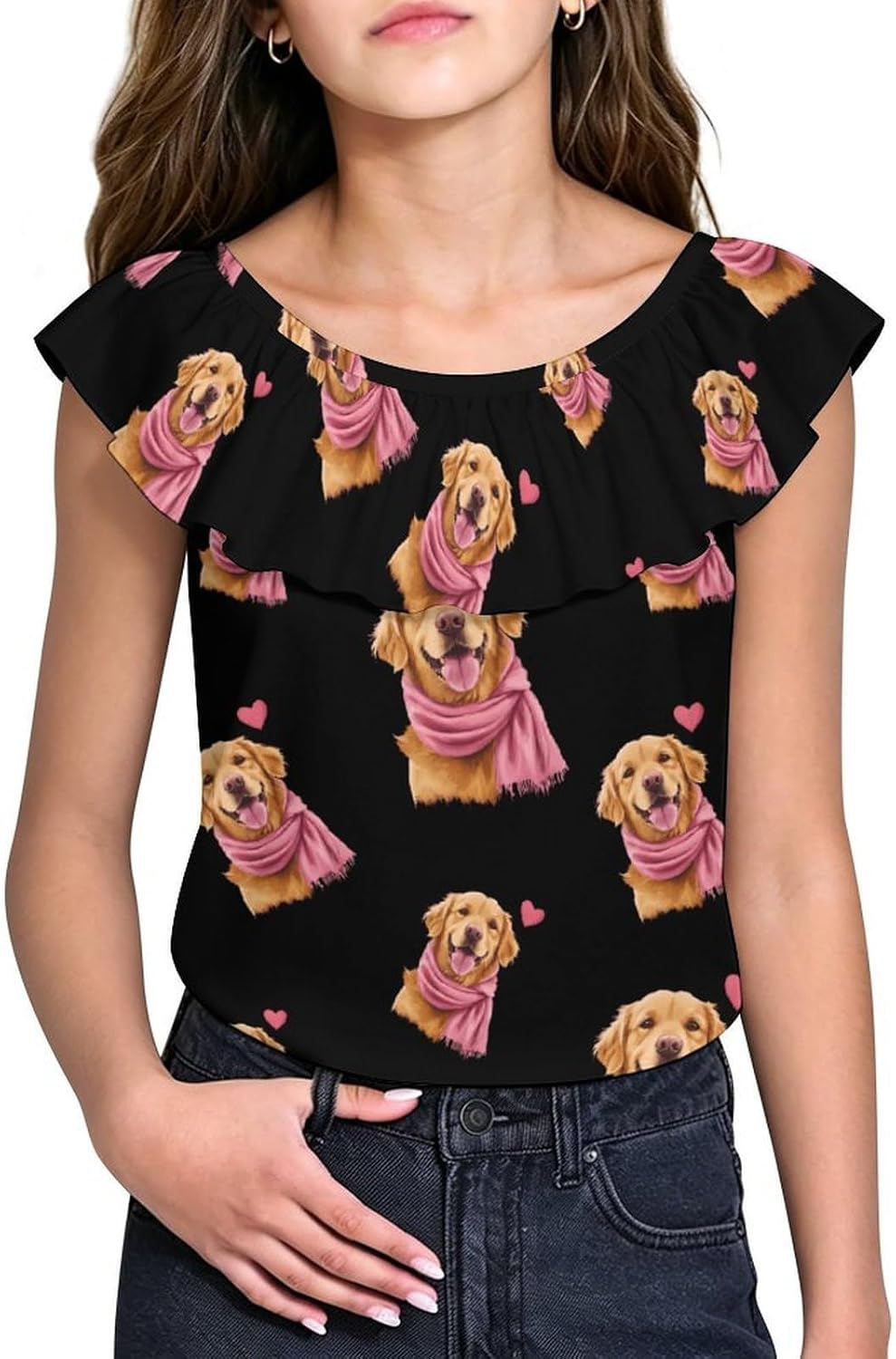 Warm Retriever Dog with A Scarf Girls T-Shirts Top Ruffle Short Sleeve Blouse Casual Graphic Tees