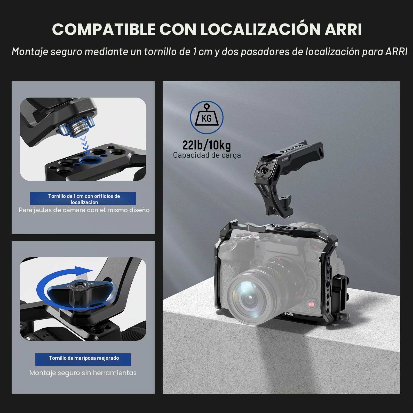 NEEWER Mango superior de cámara con tornillo de ala de 3/8 pulgadas y pasadores de localización para ARRI, agarre de silicona antideslizante con roscas de 1/4 y 3/8 pulgadas, zapatos fríos, compatible