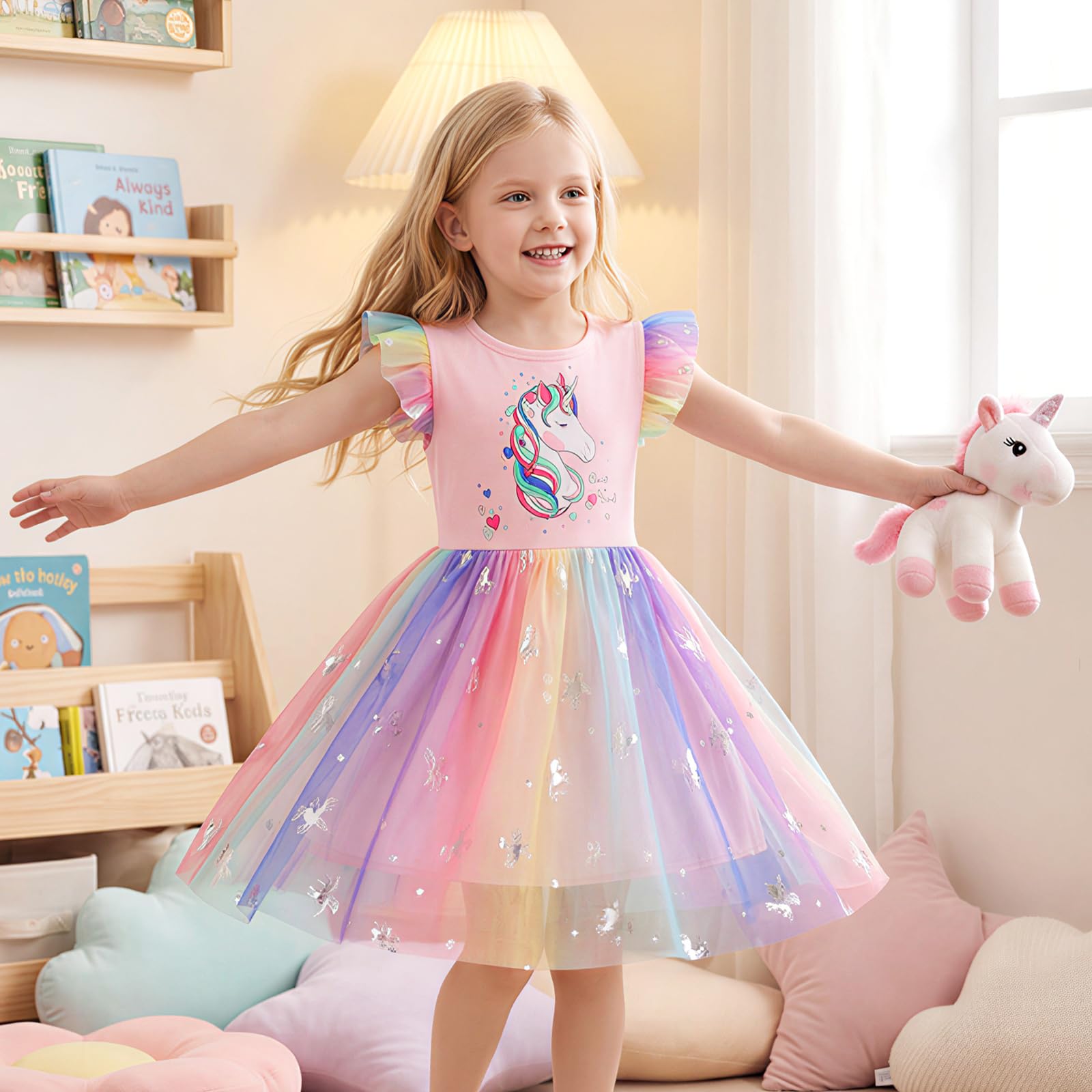 DivingBirds Vestito da ragazza con unicorno, con volant, a maniche corte, in cotone, estivo, per bambini, da 3 a 8 anni