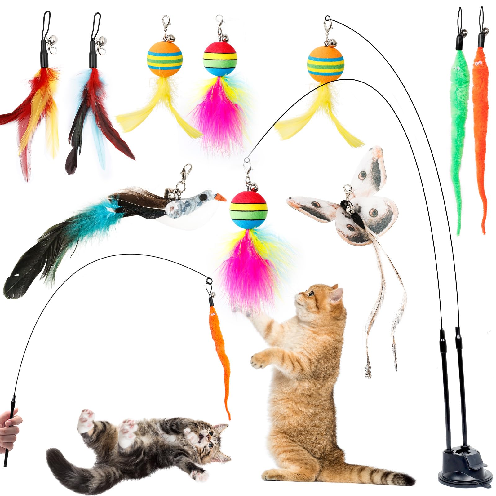 AiQInu Pack of 11 Interactive Cat Toy, Cat Fishing Rod with 2 Suction Cups, Bell, Birds, Feather, Caterpillar Cat Toy, Intelligence Toy for Cats, Wand
