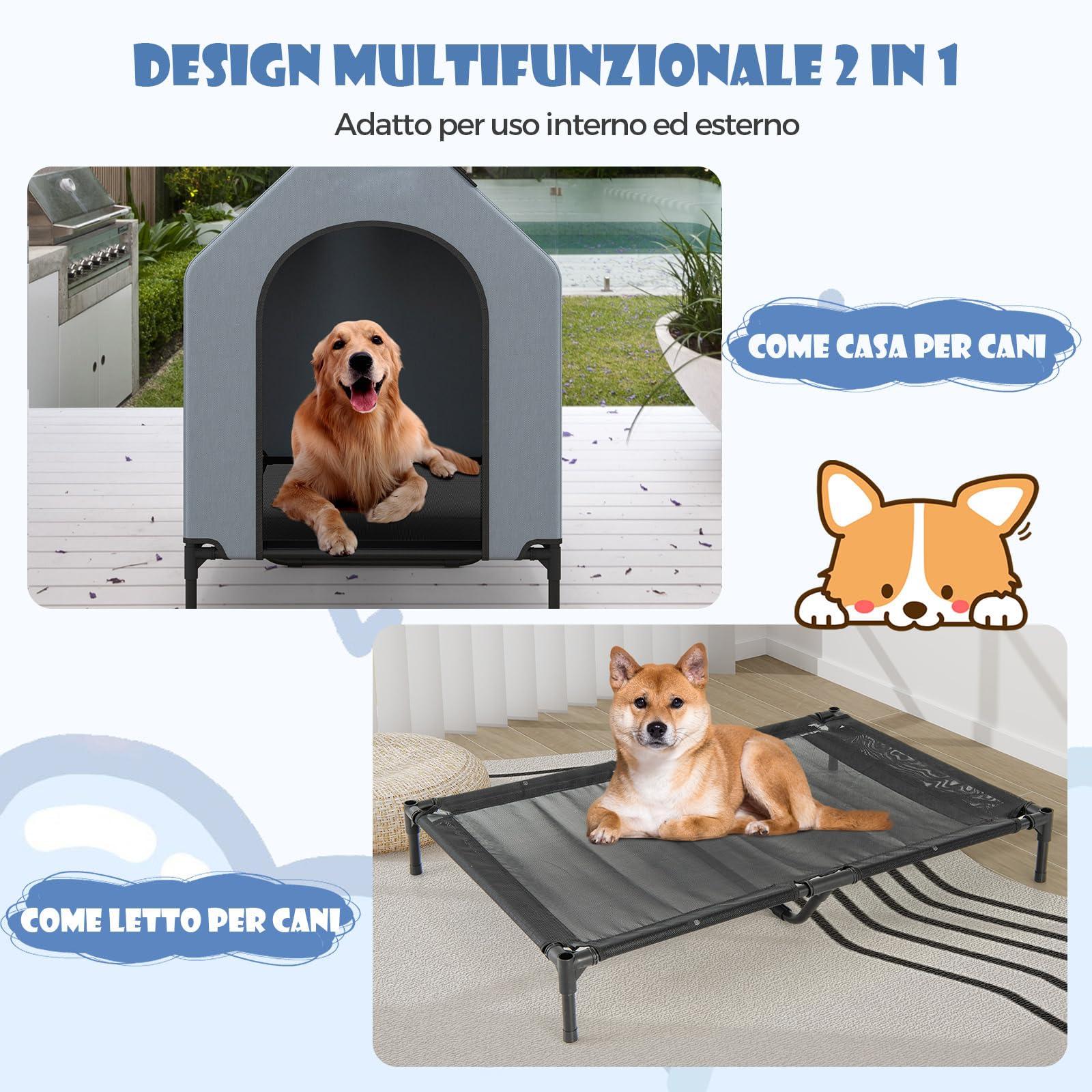 COSTWAY Casetta per Cani, Letto Rialzato per Cani con Copertura Rimovibile ed Impermeabile e Finestre Ventilate, Cuccia Cane Esterno ed Interno Taglia Piccola/Media/Grande (75 x 110 x 106 cm)