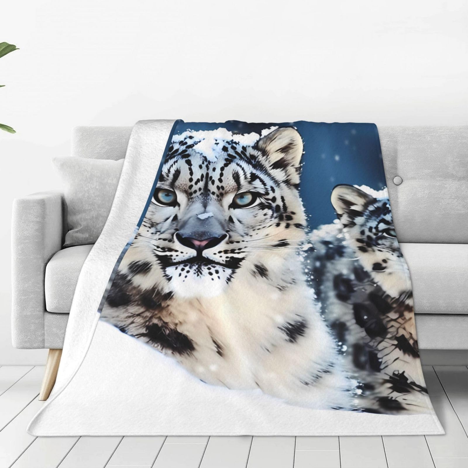KLOPH Blue Eyed Snow Leopard Throw Blanket 50"x40" Flannel Fluffy Warm Blanket for Couch, Reversible Plush Blankets for Bed, Comfy Fuzzy Blanket for Sofa, Plush Lightweight-Blankets for All Season
