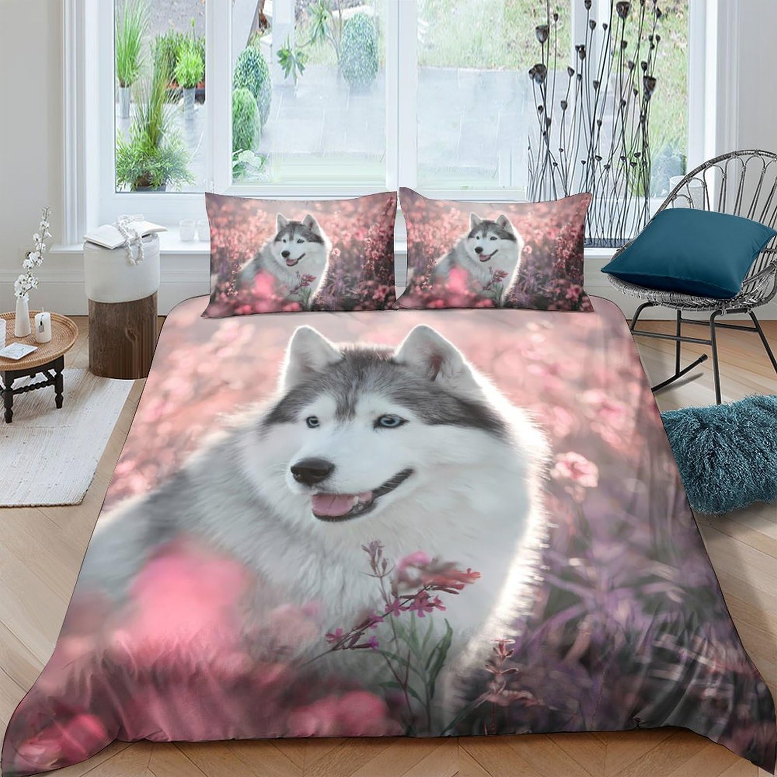 Ctjqhvkz Style-9 3D Printed Husky Dog Floral Fitted Sheet Microfiber Pink Soft Bed Sheet Bedroom Decor Anti-Slip Machine Washable Single（135X200cm）