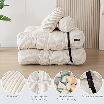MAXYOYO Foldable Sofa Bed Convertible Sofa Chair with Pillow Mattress with Back Support Portable Chair Bed Comfortable Floor Sofa Lounge for Living Room Bedroom Beige