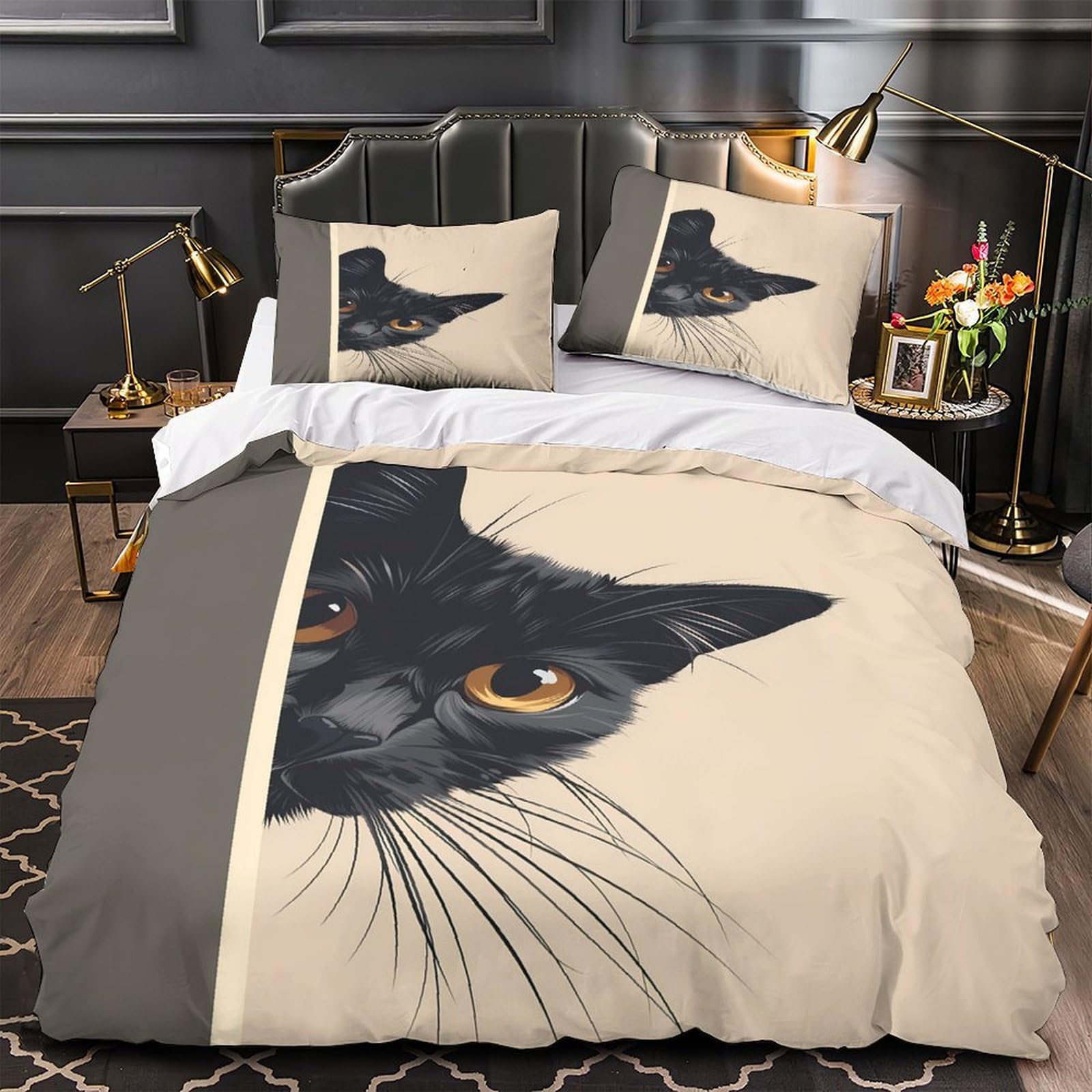 Housse de couette chat noir 135x200 parure de lit microfibre douce