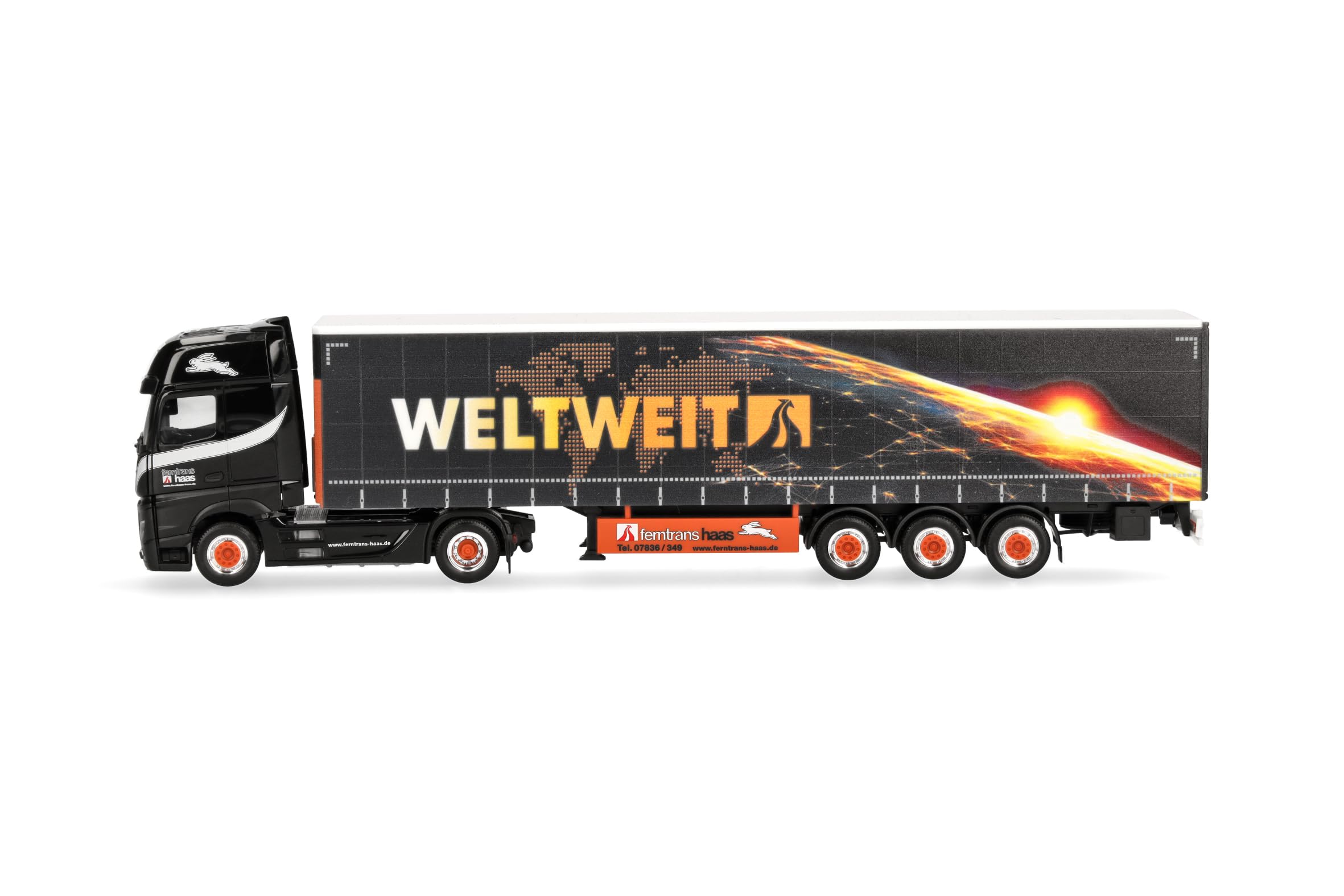 Herpa modèle réduit Camion Mercedes-Benz Actros L 18 Gigaspace Semi-remorque bâchée « Ferntrans Haas/weltweit », Miniature à l’échelle 1:87, pièce de Collection, Made in Germany, Plastique - 4