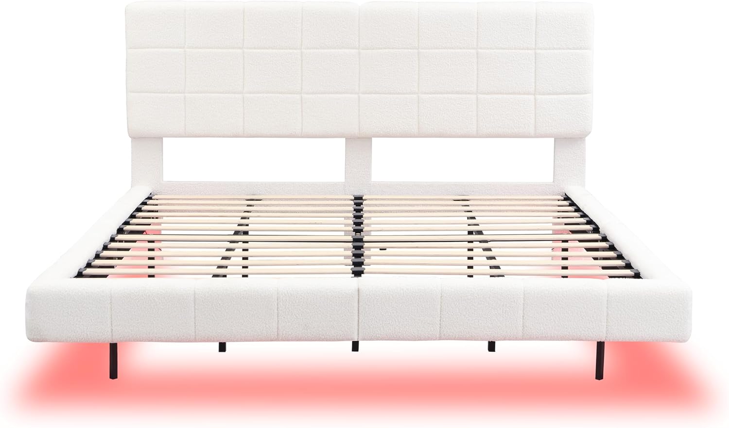 Christopher Knight Home Borden Floating Bed Frame King Size with Lights, Boucle King Size Platform Bed Frame with Headboard, Modern Floating King Bed Frame, No Box Spring Needed, Easy Assembly, White