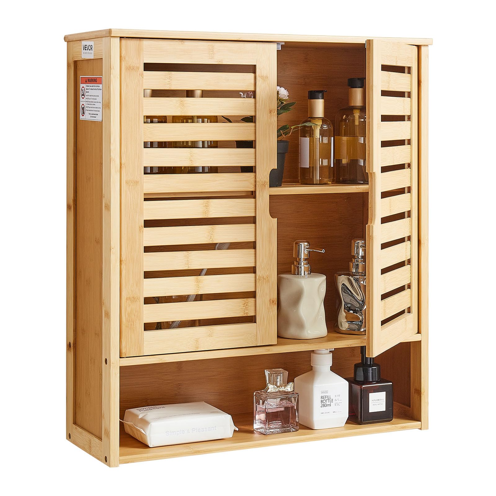 VEVOR Armario de Pared para Baño con 2 Puertas y Estantes Ajustables, Ideal para Colocar sobre el Inodoro, con Compartimento Abierto para Cocina y Baño, Fácil de Instalar, 590 x 210 x 666 mm