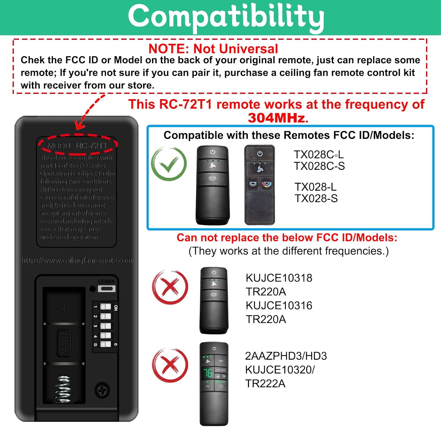 Replacement Fan Remote for Hampton Bay Home Decorators Collection, Ceiling Fan Remote Control for 3-Speed & Light Dimmer, Wall Mount Included, 304 MHz, Compatible with TX028C-L, TX028C-S (Remote Only)