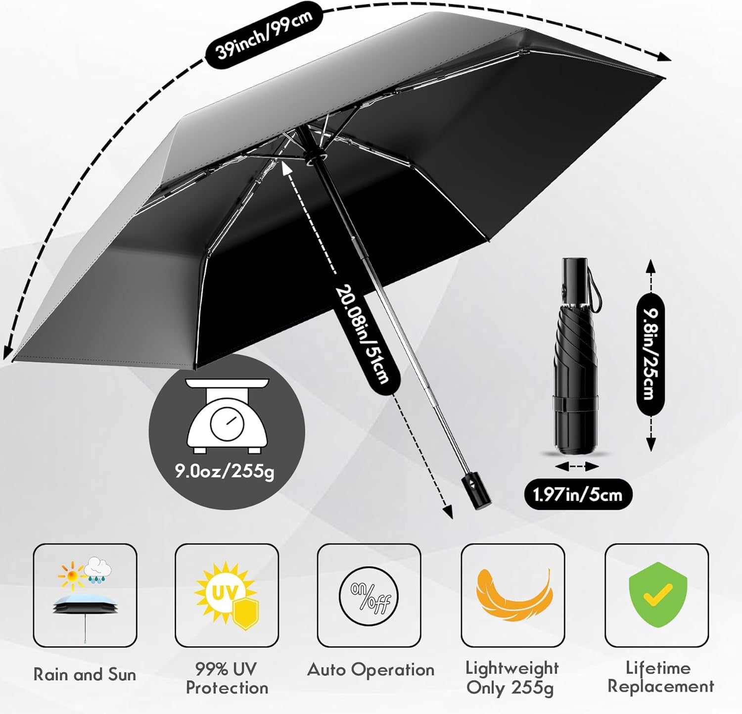 Automatic Mini Travel Windproof Folding Umbrella - UV Protection, Instant Open/Close for Rain/Sun, Small Compact Lightweight Design Fits in Tote Bag/Travel Case/Backpack for Commute, Women & Men - Image 2
