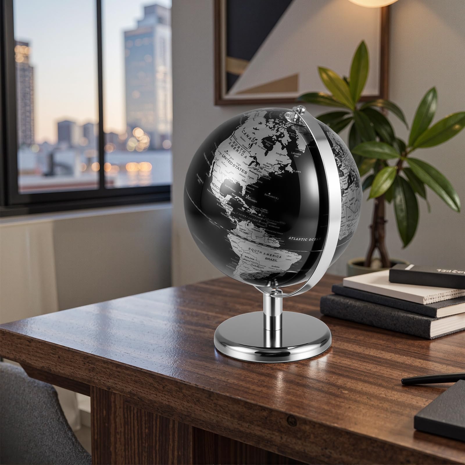 GOPLUS Globo Terráqueo Moderno Negro con Detalles Dorados/Plateados, Soporte Metálico, Base Antideslizante, Zona Horaria, Globo Terráqueo Decorativo de Mesa para el Hogar, la Oficina (Plata)