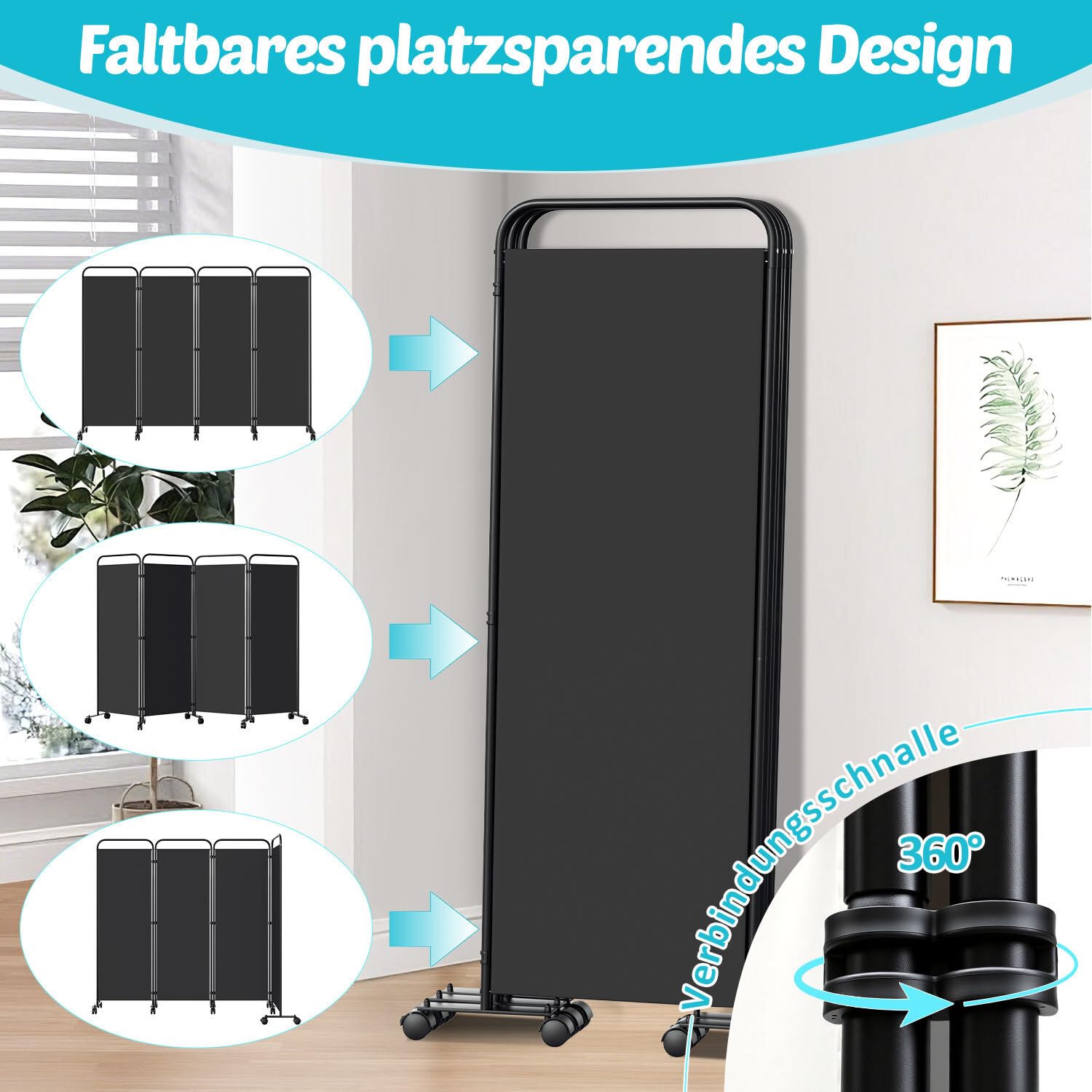 Paravent de séparation de pièce pliable sur roulettes - 4 pièces - 228 x 180 cm - Séparateur de pièce autonome pour bureau et chambre à coucher - Anthracite