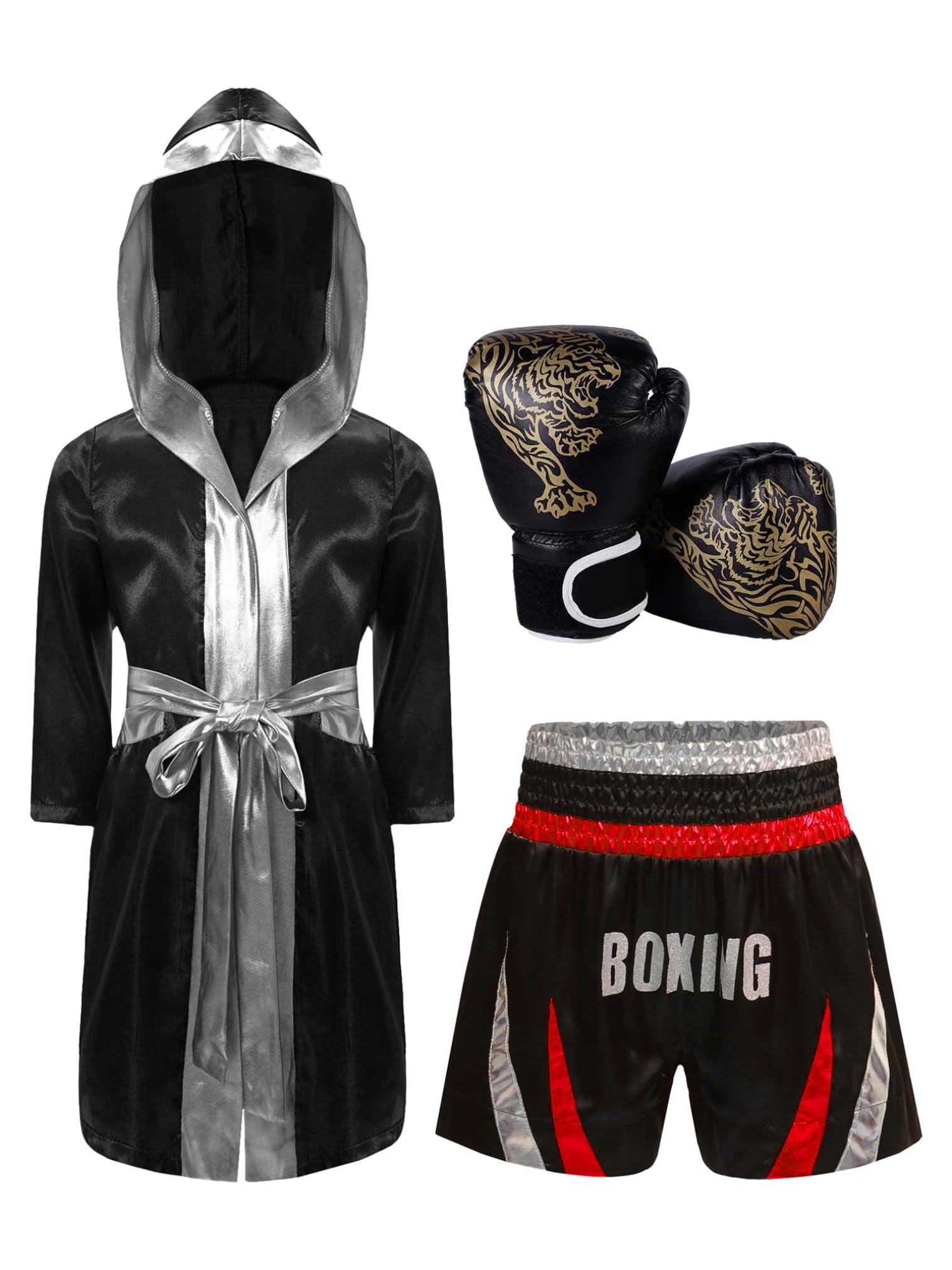 renvena Accappatoio Boxe per Bambini Adulti Pantaloncini Muay Thai Kick Boxing per Arti Marziali MMA + Guantoni da Boxe Accessorio per Costume Sportivo