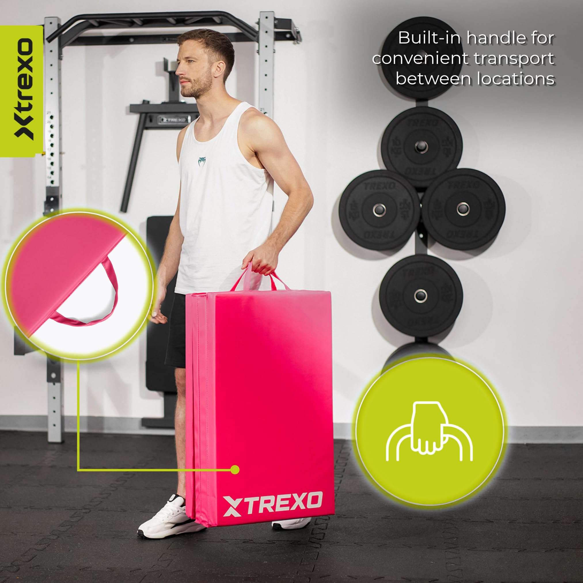 TREXO – Tapis de Gymnastique Pliable 195 x 80 x 5 cm 4-Panneaux – Tapis d’Entraînement Portable avec Poignée, Mousse EPE & Revêtement Similicuir – Rose