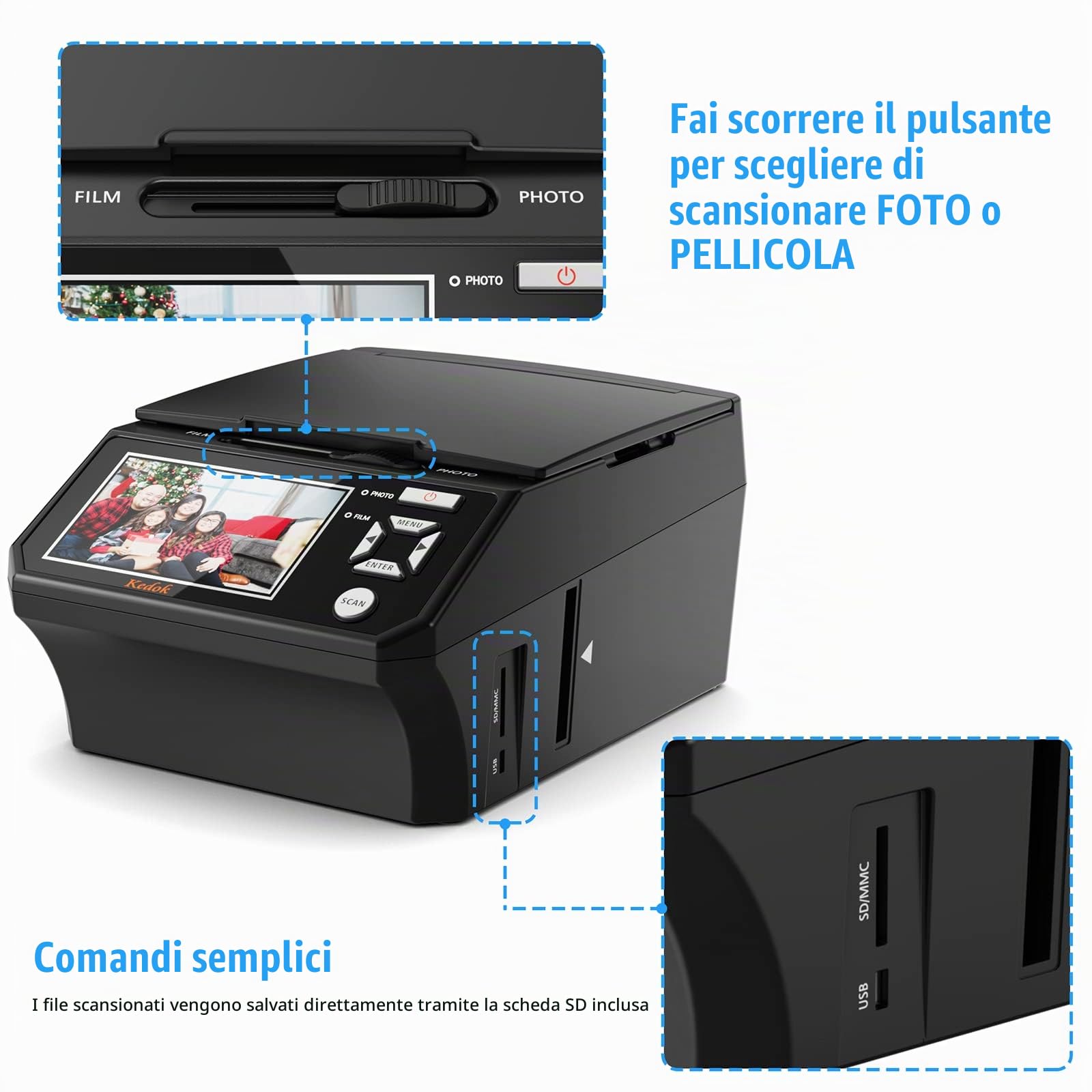 Kedok Multi-scanner per foto, diapositive e negativi,Convert 35mm,110 Film/Photo/NameCard to 22MP Digital JPEG,con schermo LargE da 5”