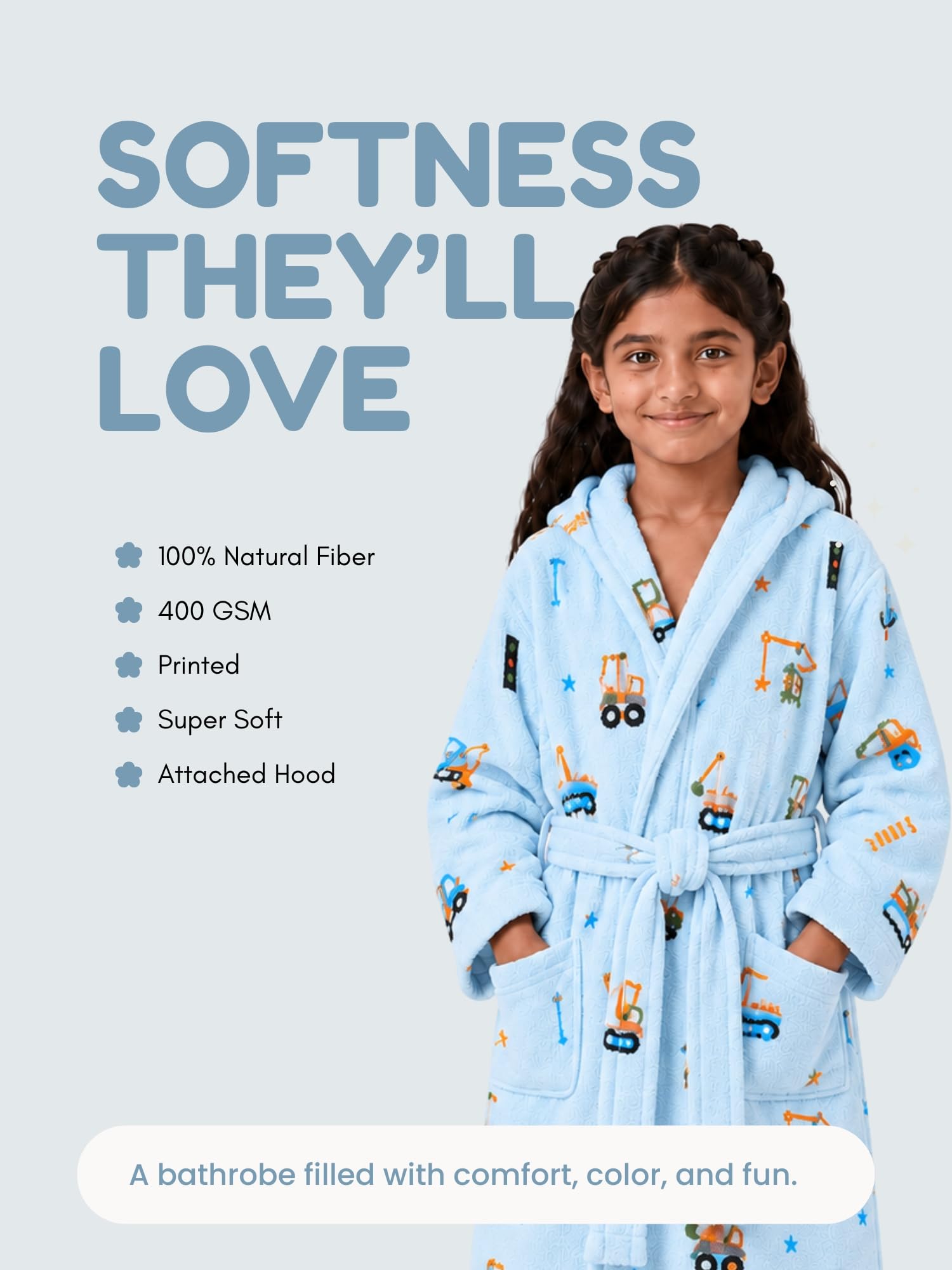 RANGOLI Premium Kids Unisex 100% Cotton Terry Hooded Bathrobe for Boys & Girls in 400 GSM with Full Sleeves, Knee Length & Elegant Printed Design (Blue-13 to 14 Years) 4
