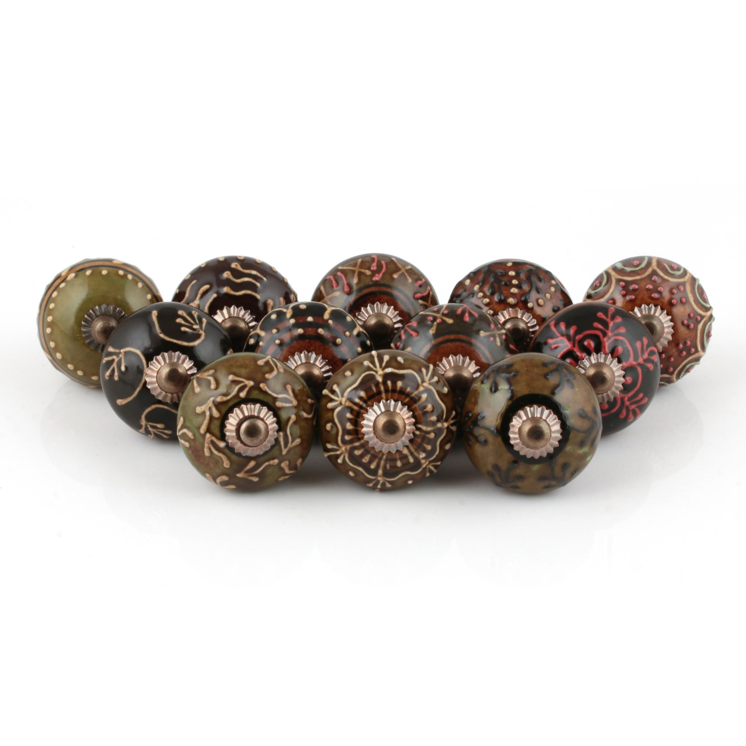Lot de 12 boutons d'armoire de cuisine indiens faits à la main en céramique pour armoire de cuisine, tiroir, quincaillerie bohème – Multicolore
