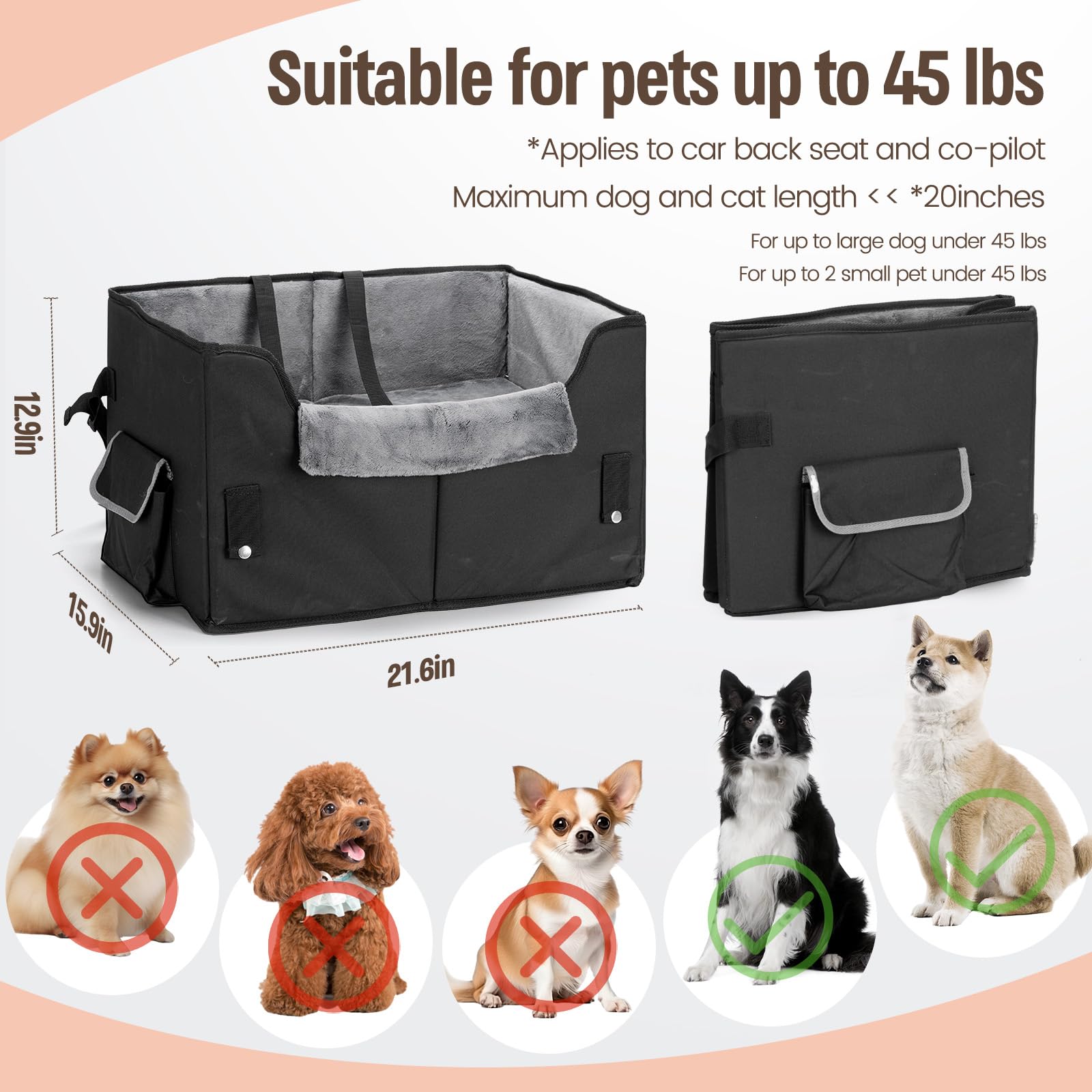 Hunde-Autositz für mittelgroße oder große Hunde, tragbarer Autositz für Hunde mit Geschirr und dickem Kissen, perfekt für kleine Haustiere bis zu 20,4 kg (schwarz)