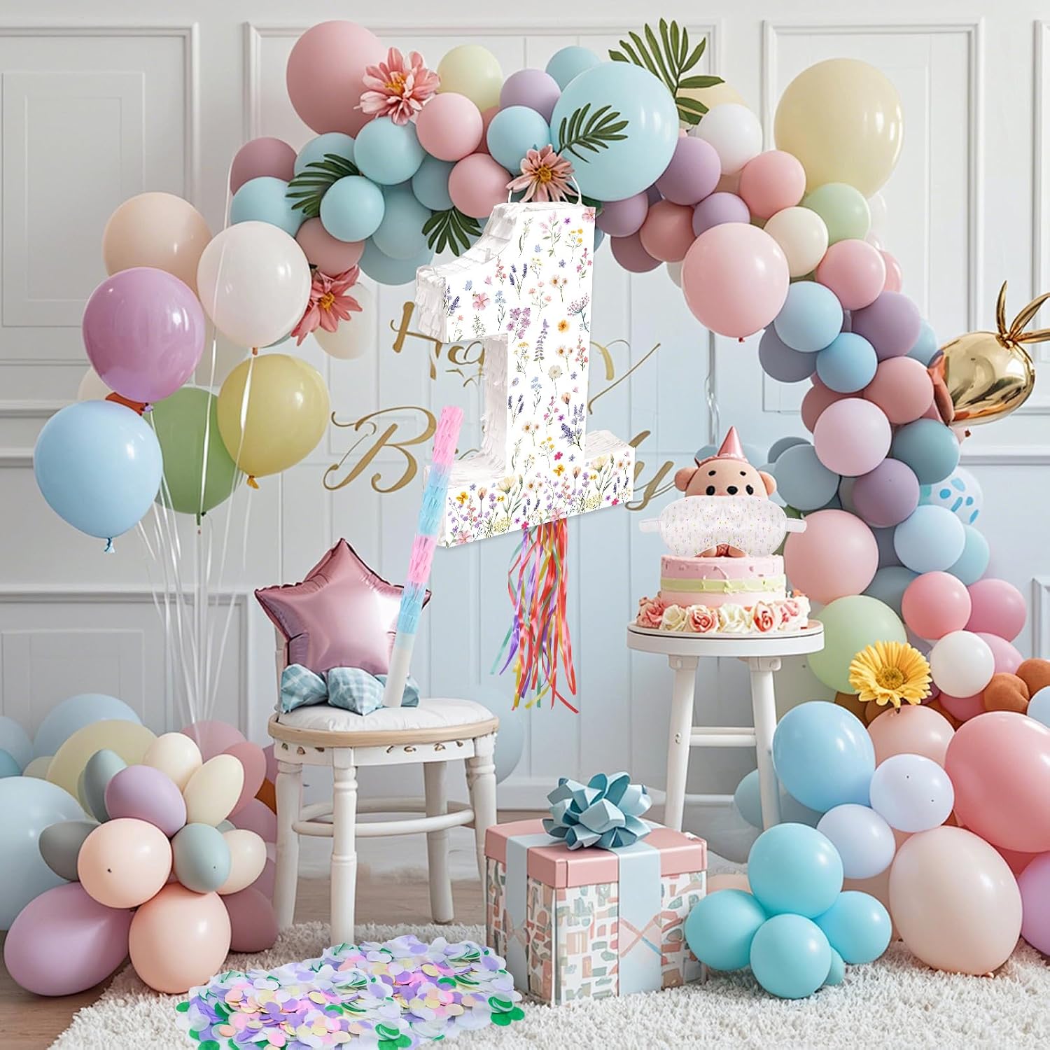 Wildflower Birthday Decorations, 15.7'' Wildflower Spring Floral Number 1 Piñata with Blindfold Stick Blindfold Confetti for Spring Floral Birthday Party Supplies (1st)